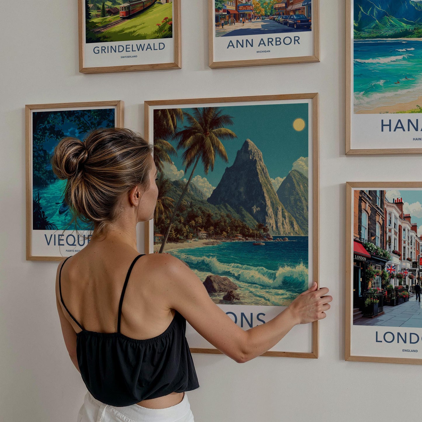 Pitons Poster - St Lucia Travel Print - Tropical Beach Waves Lounge Decor