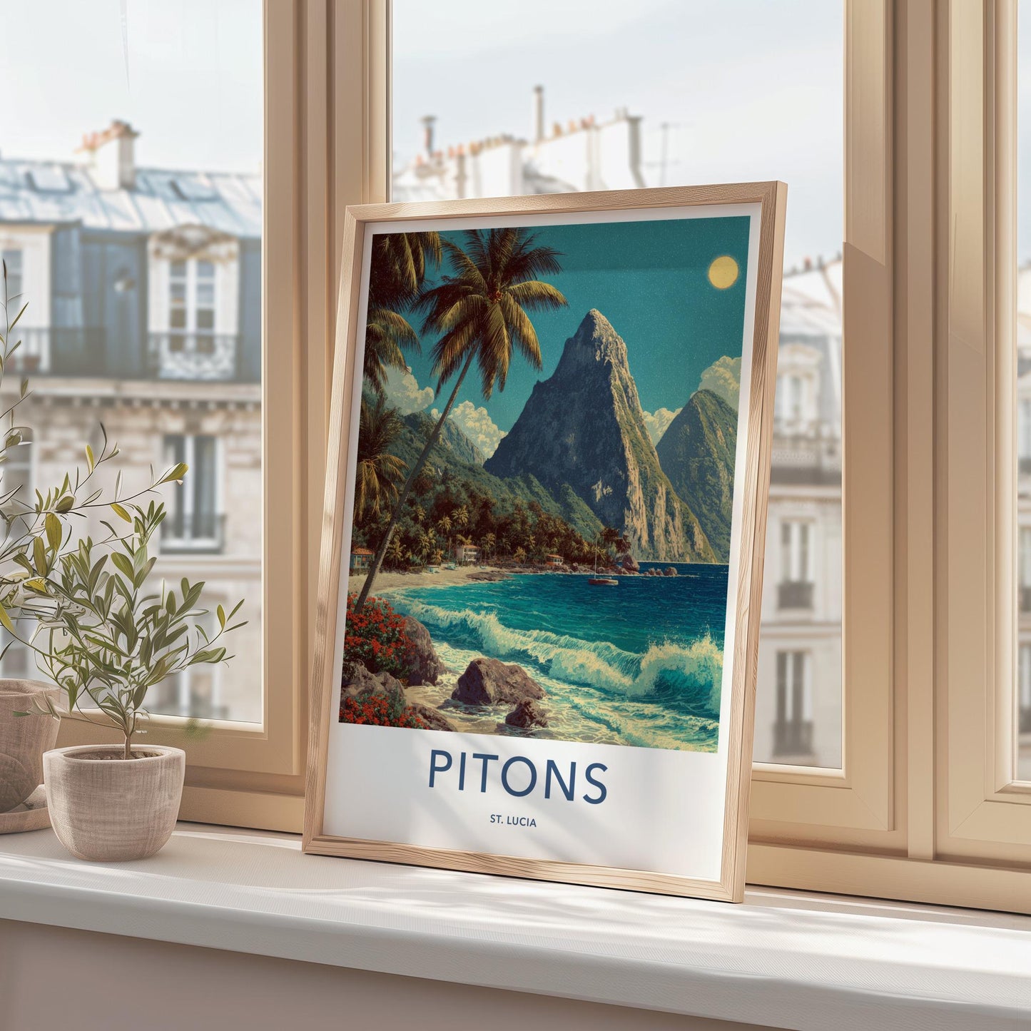 Pitons Poster - St Lucia Travel Print - Tropical Beach Waves Lounge Decor