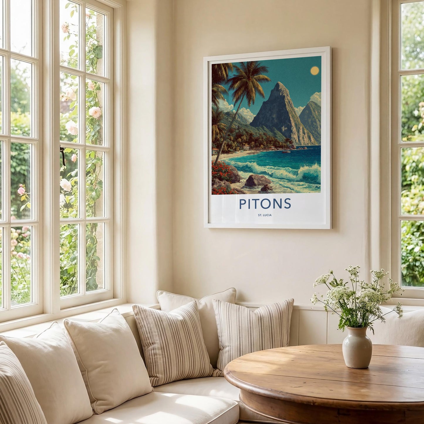 Pitons Poster - St Lucia Travel Print - Tropical Beach Waves Lounge Decor
