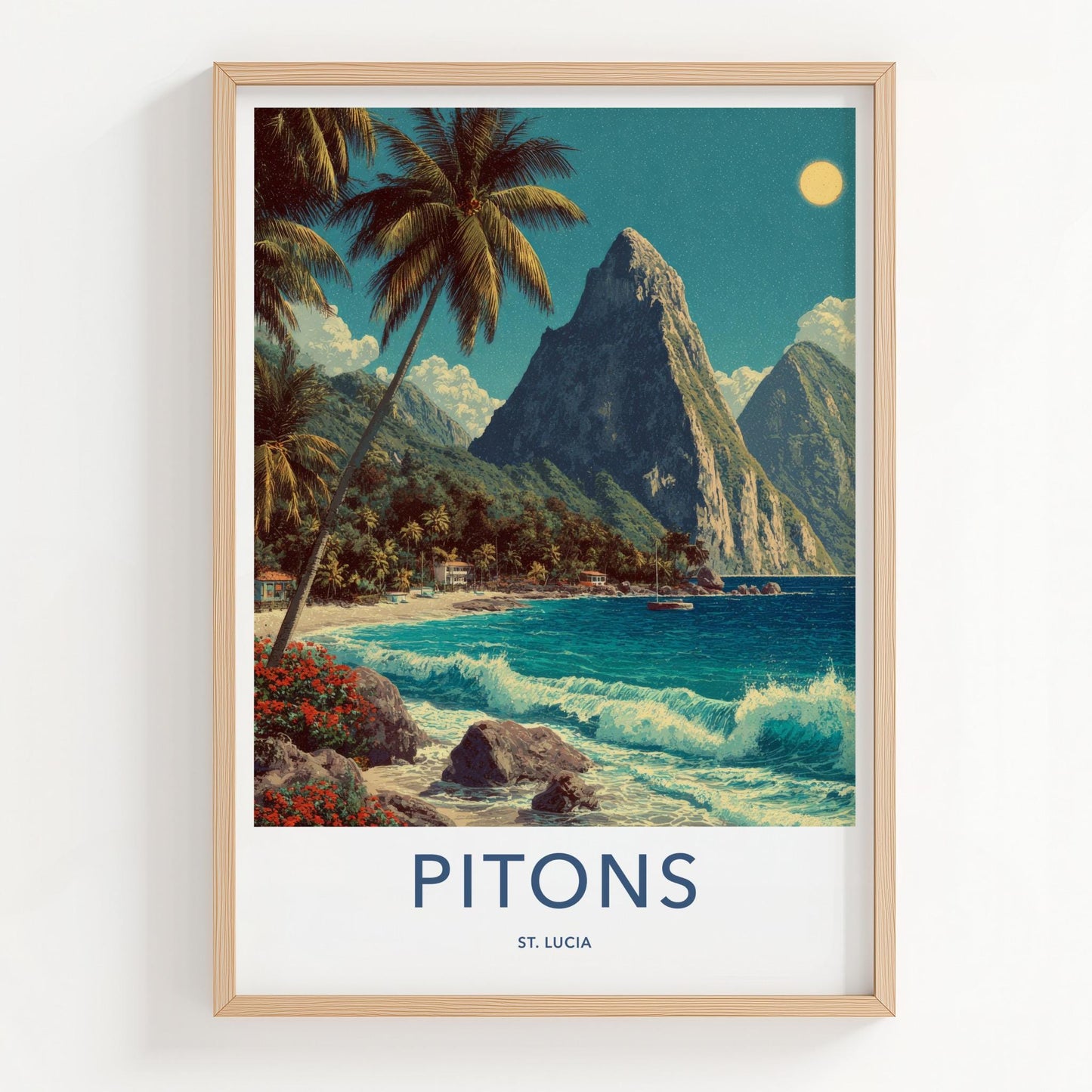 Pitons Poster - St Lucia Travel Print - Tropical Beach Waves Lounge Decor