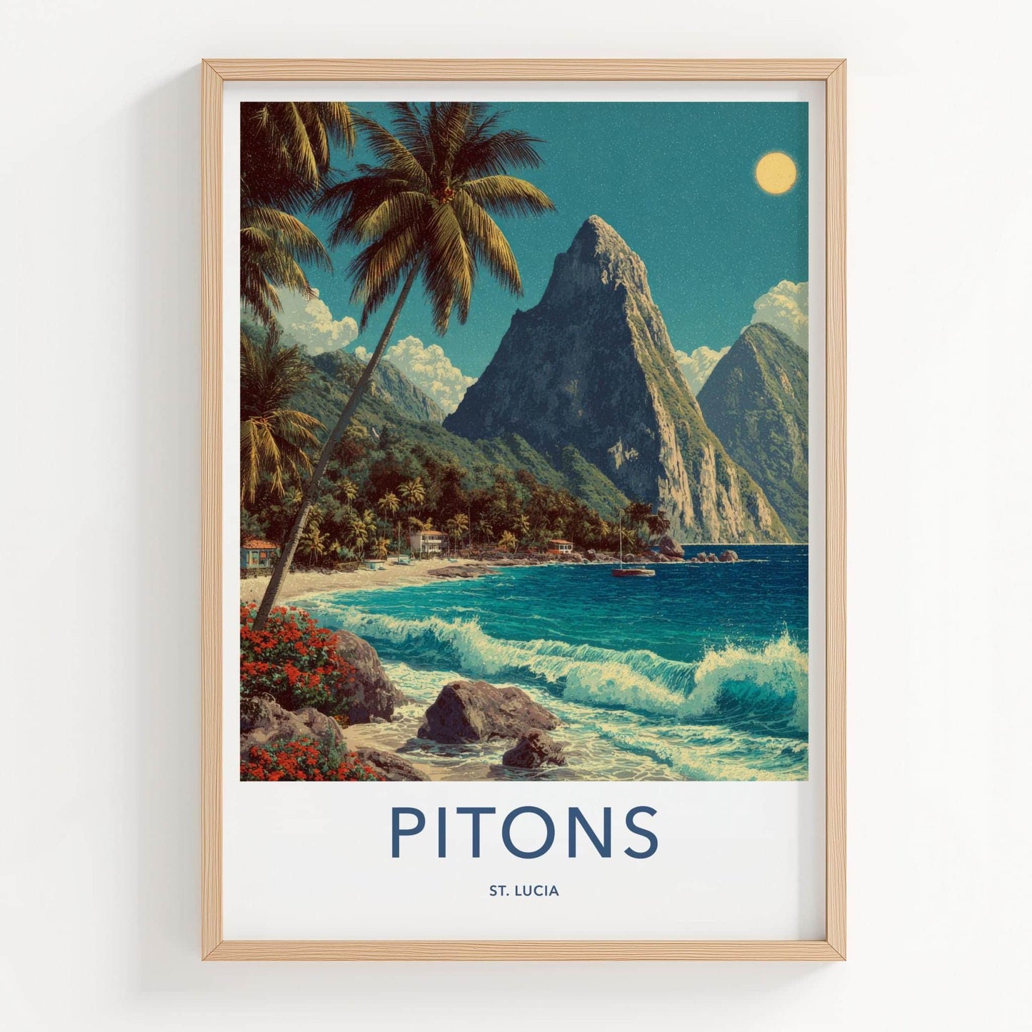 Pitons Poster - St Lucia Travel Print - Tropical Beach Waves Lounge Decor