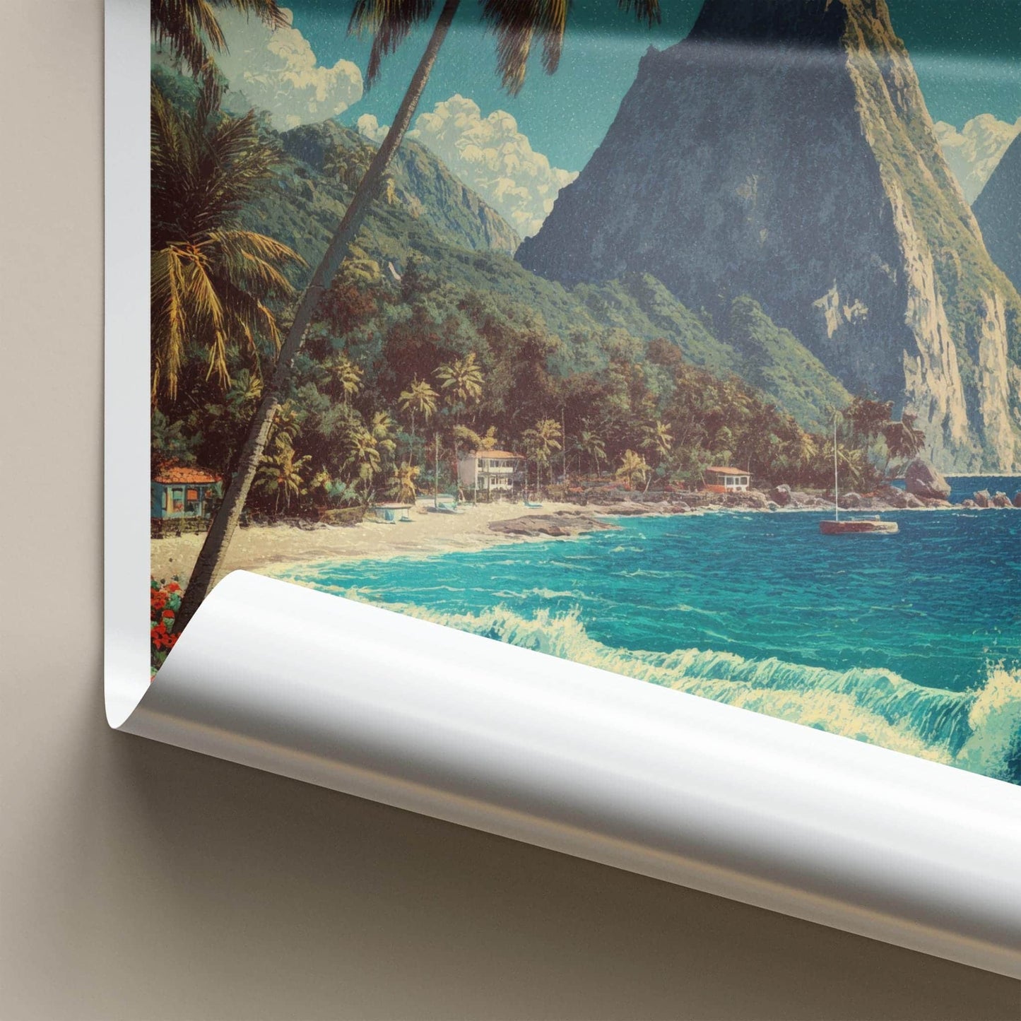 Pitons Poster - St Lucia Travel Print - Tropical Beach Waves Lounge Decor