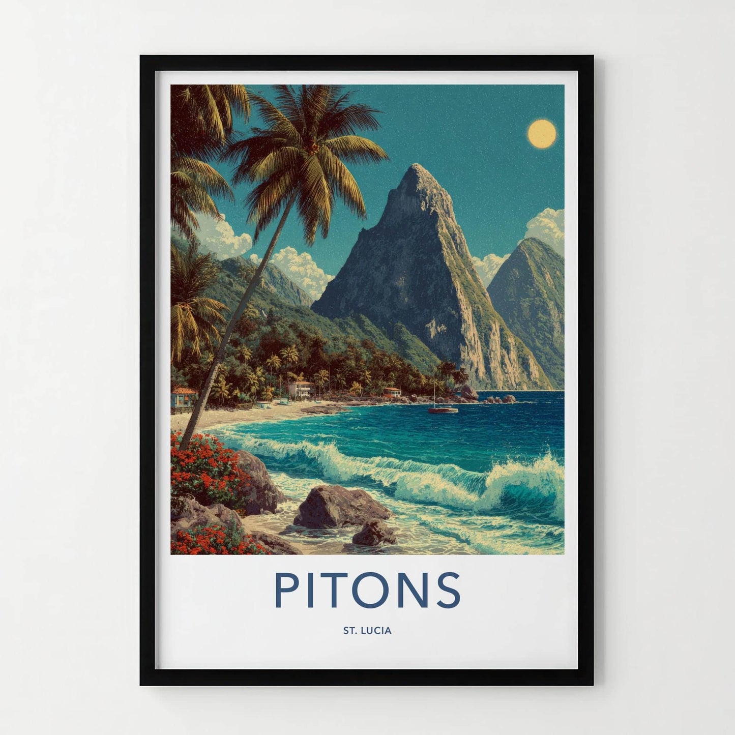 Pitons Poster - St Lucia Travel Print - Tropical Beach Waves Lounge Decor