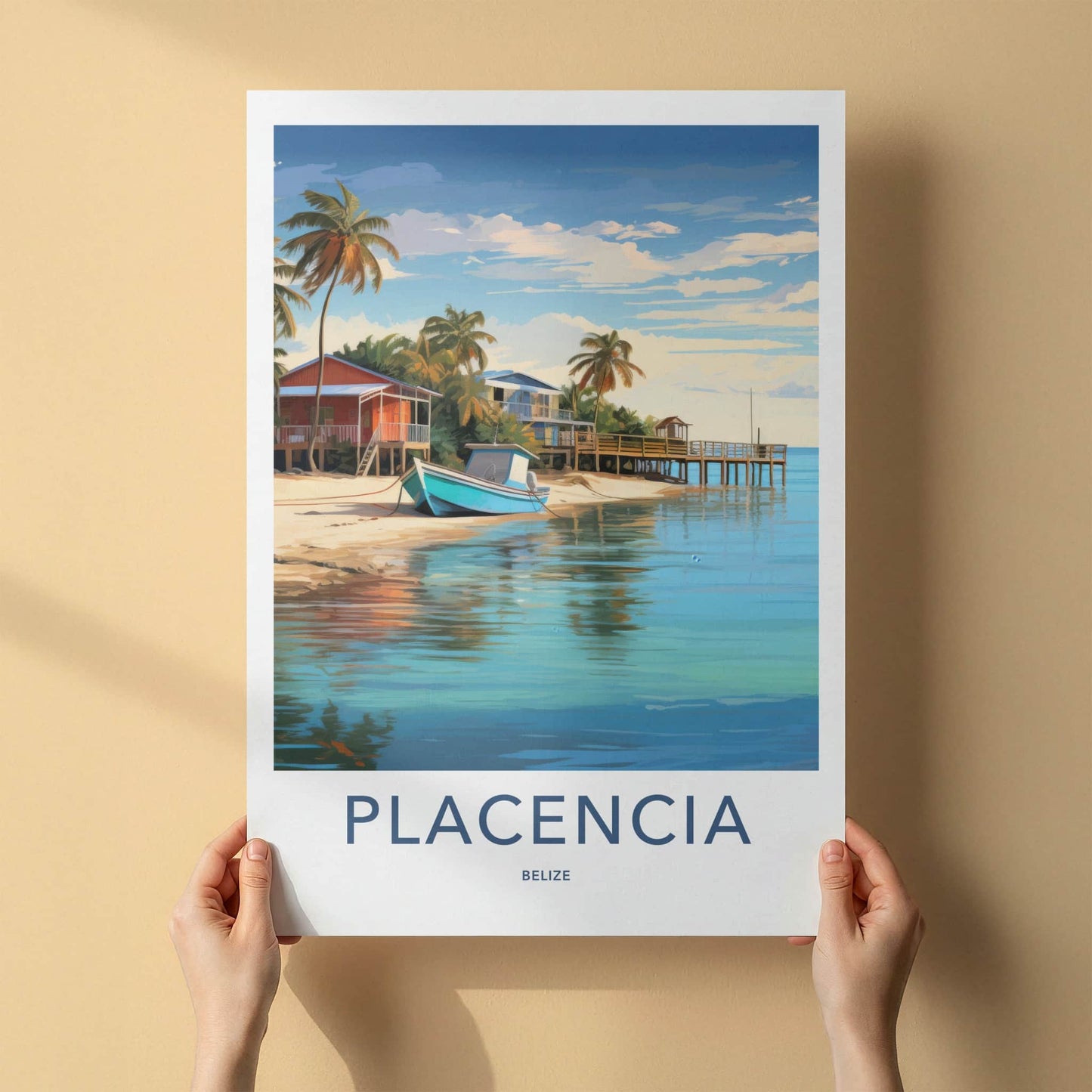Placencia Poster - Belize Travel Art - Sandy Beach Boat Home Decor