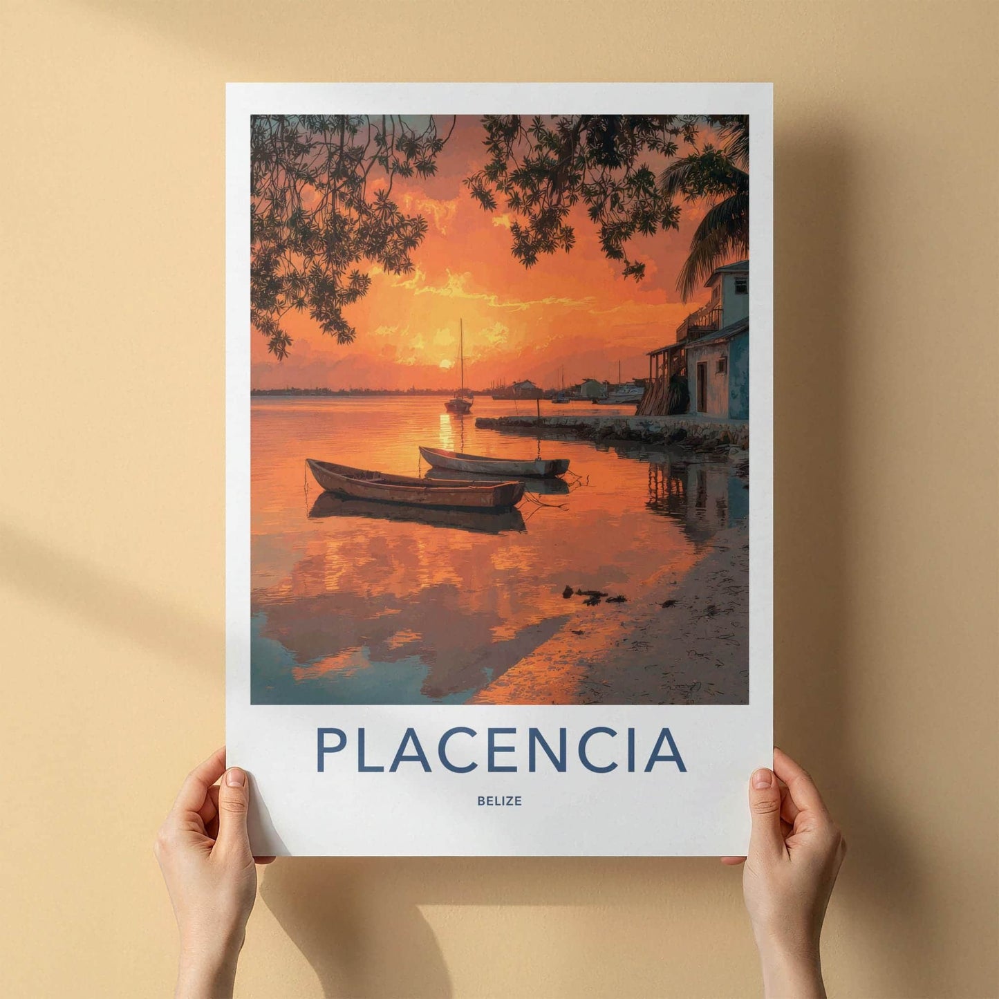 Placencia Poster - Belize Travel Art - Vibrant Sunset Reflections Home Decor