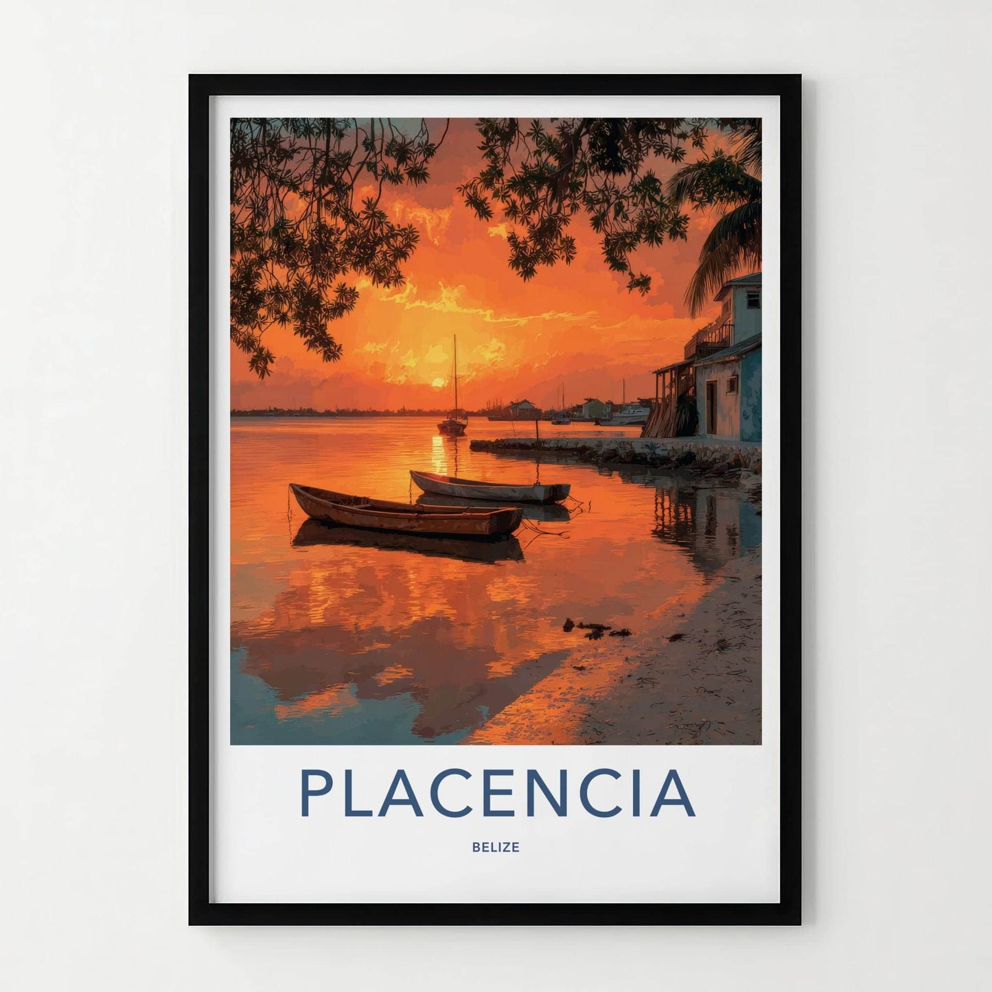 Placencia Poster - Belize Travel Art - Vibrant Sunset Reflections Home Decor