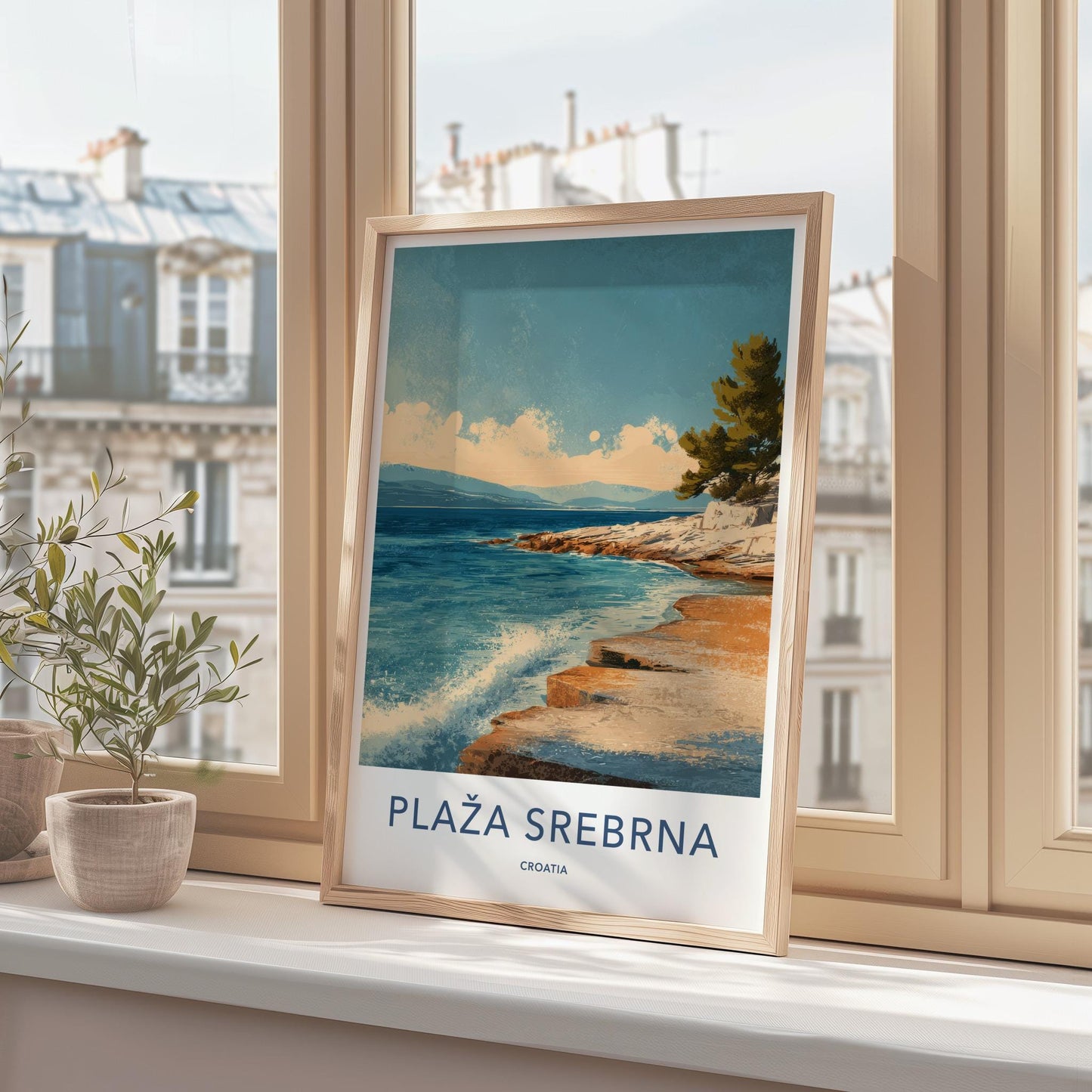 Plaza Srebrna Poster - Croatia Travel Art - Coastal Rock Waves Home Decor