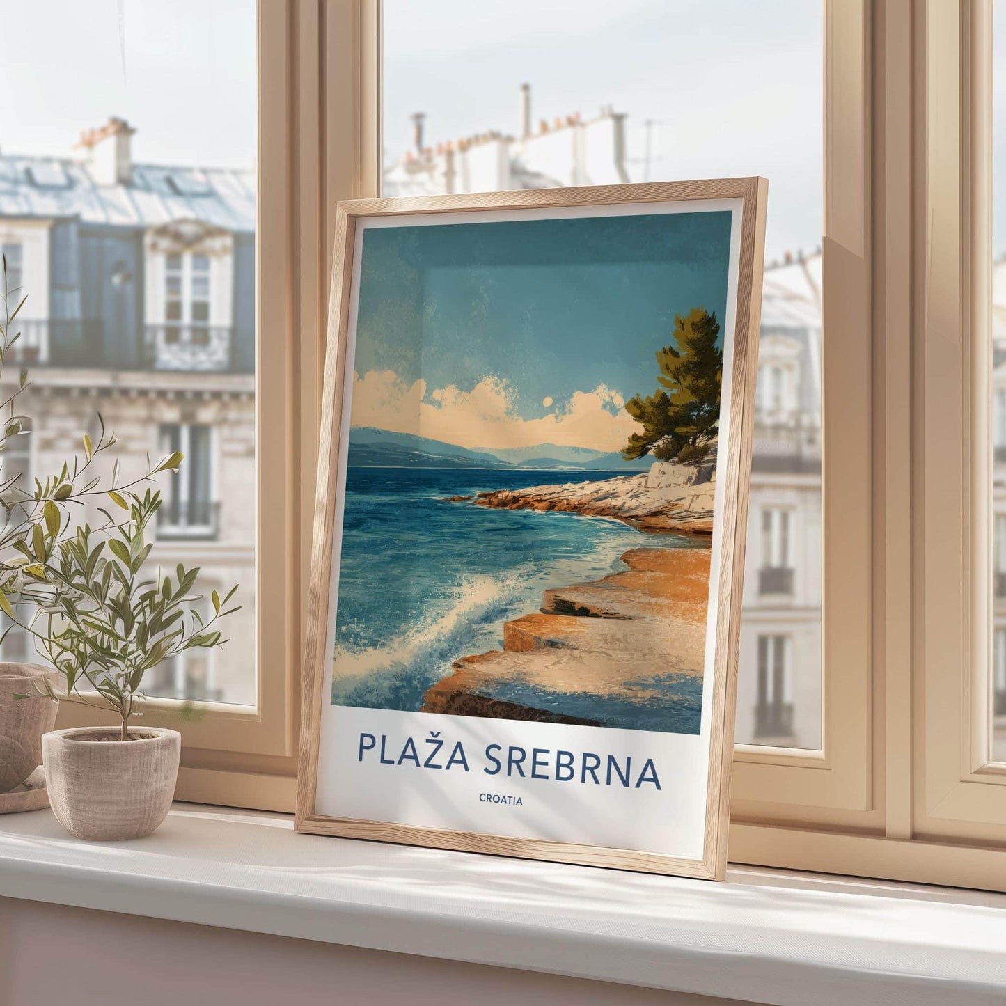 Plaza Srebrna Poster - Croatia Travel Art - Coastal Rock Waves Home Decor