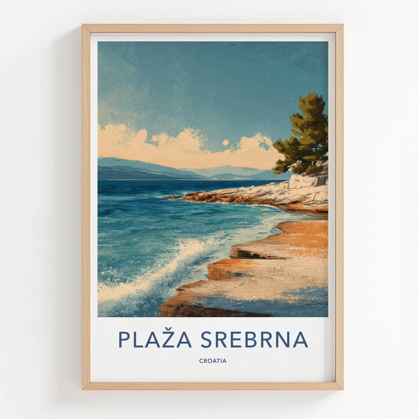 Plaza Srebrna Poster - Croatia Travel Art - Coastal Rock Waves Home Decor