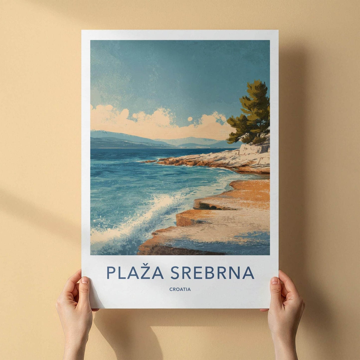 Plaza Srebrna Poster - Croatia Travel Art - Coastal Rock Waves Home Decor