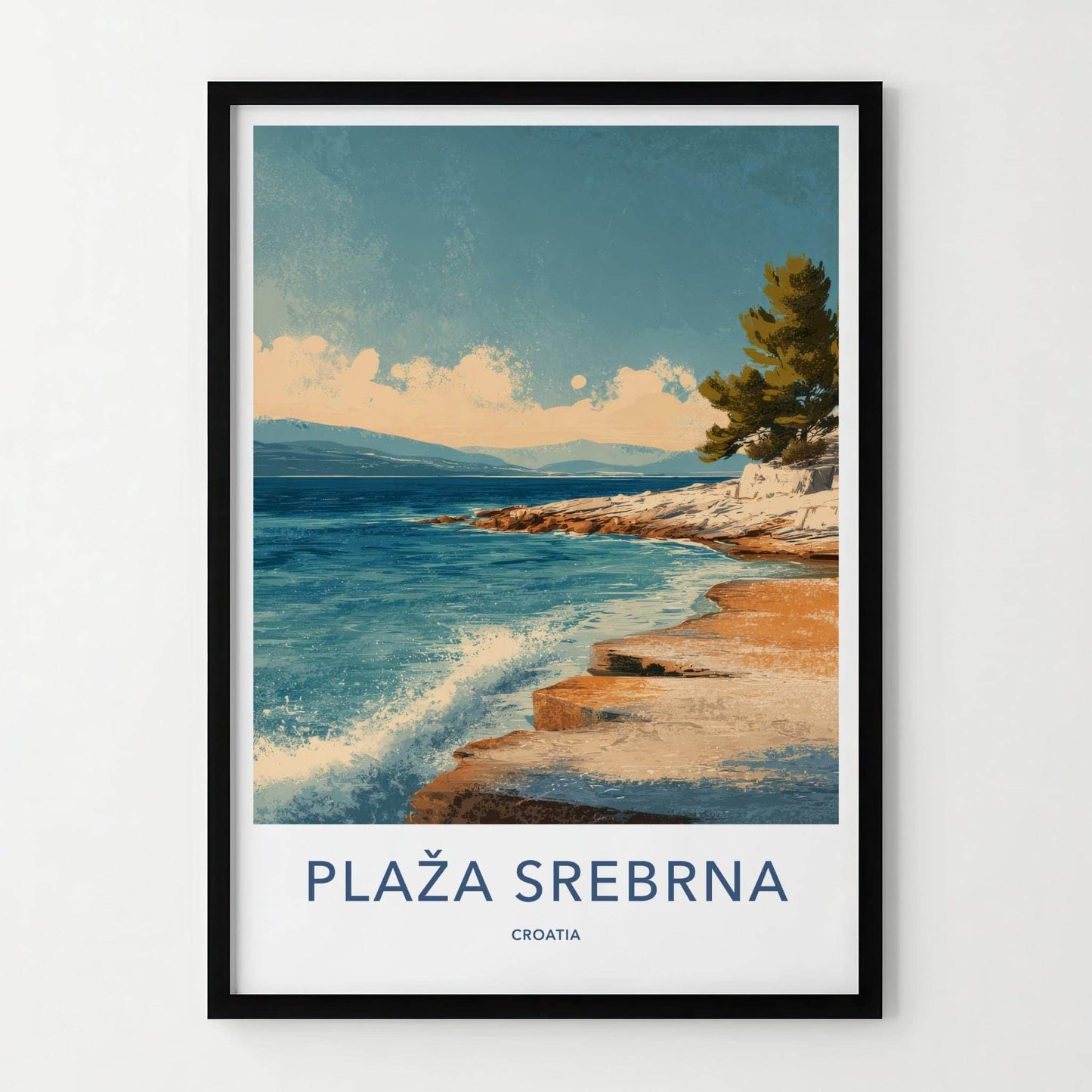 Plaza Srebrna Poster - Croatia Travel Art - Coastal Rock Waves Home Decor