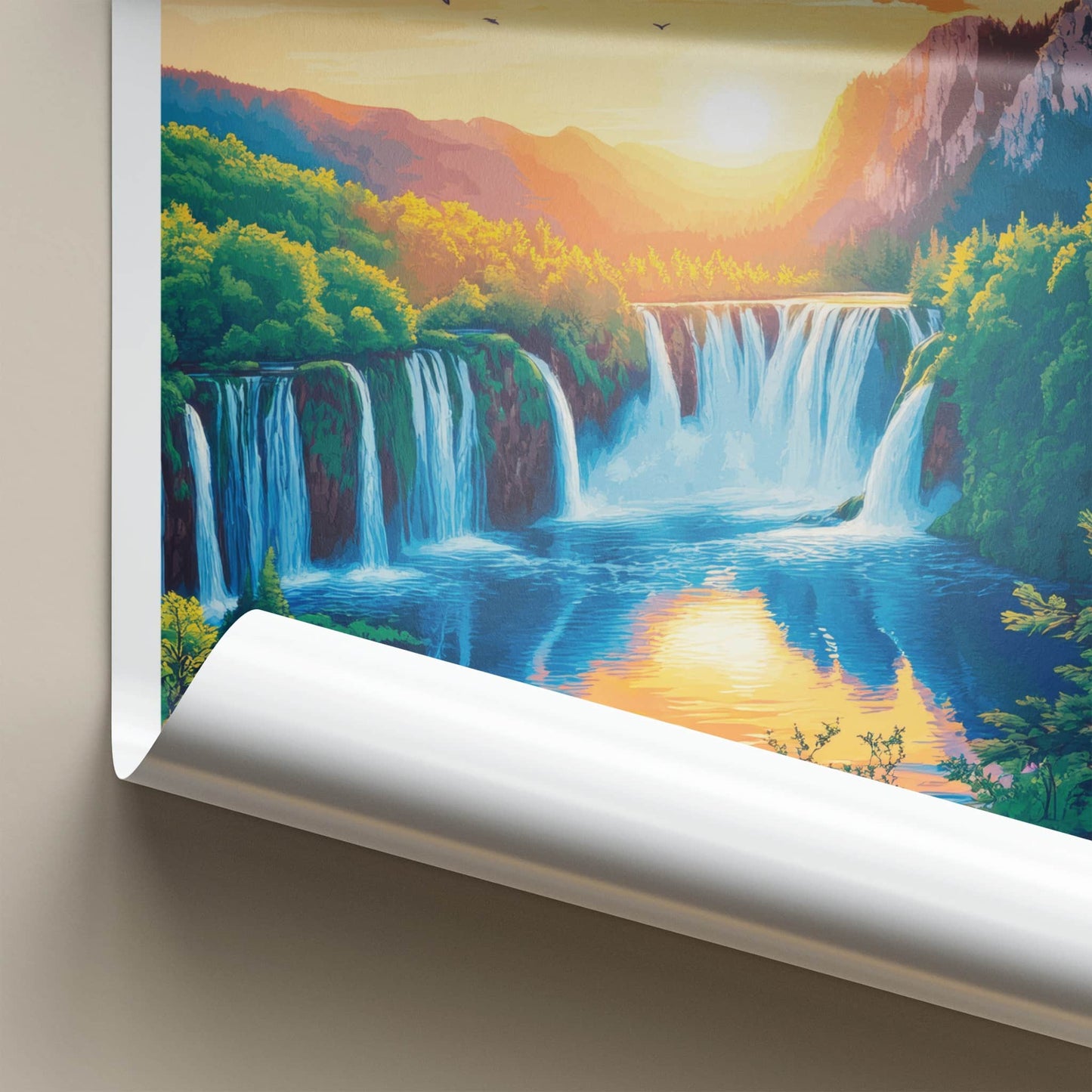 Plitvice Lakes Poster - Croatia Travel Art - Golden Sunset Falls Home Decor