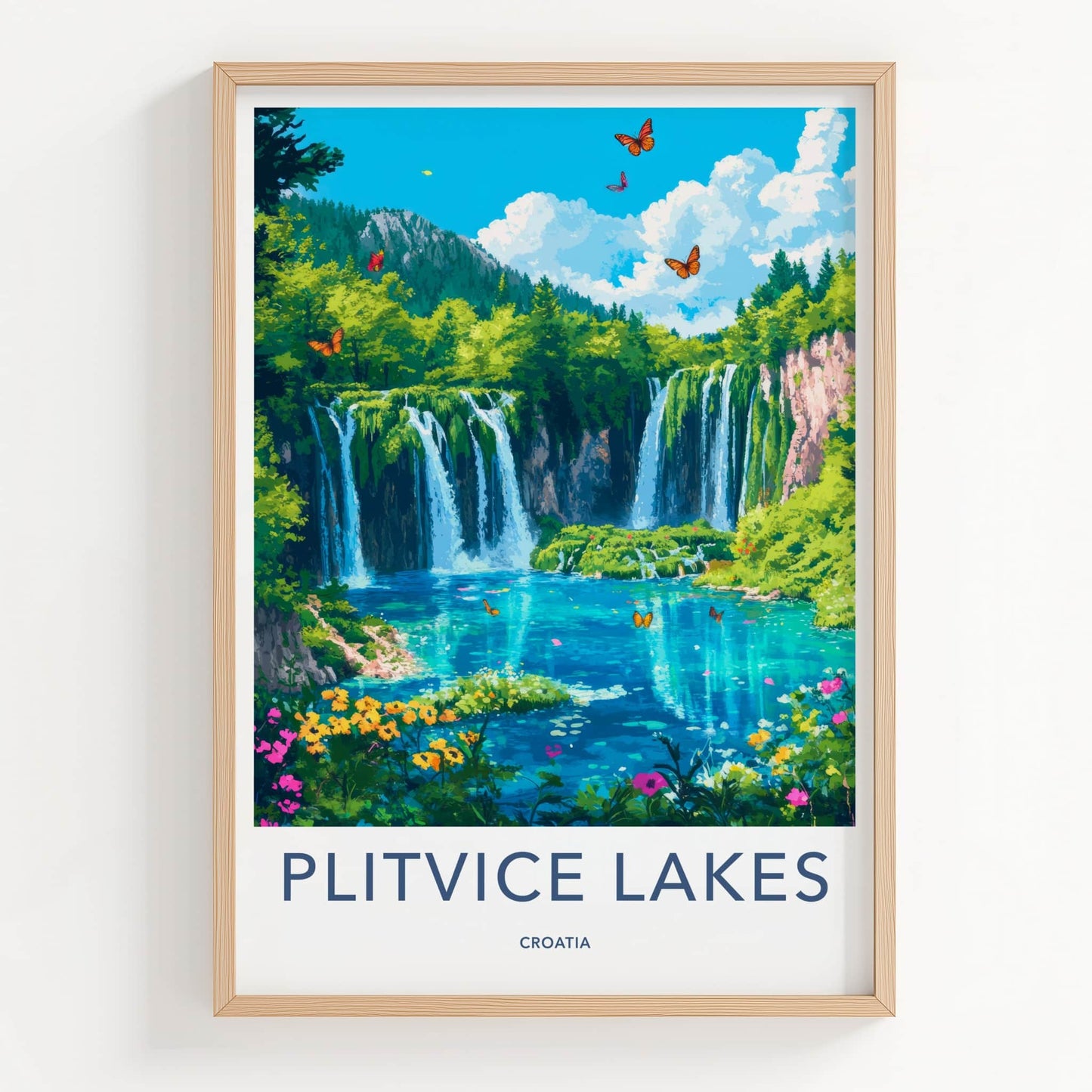 Plitvice Lakes Poster - Croatia Travel Art - Lush Waterfall Butterflies Home Decor