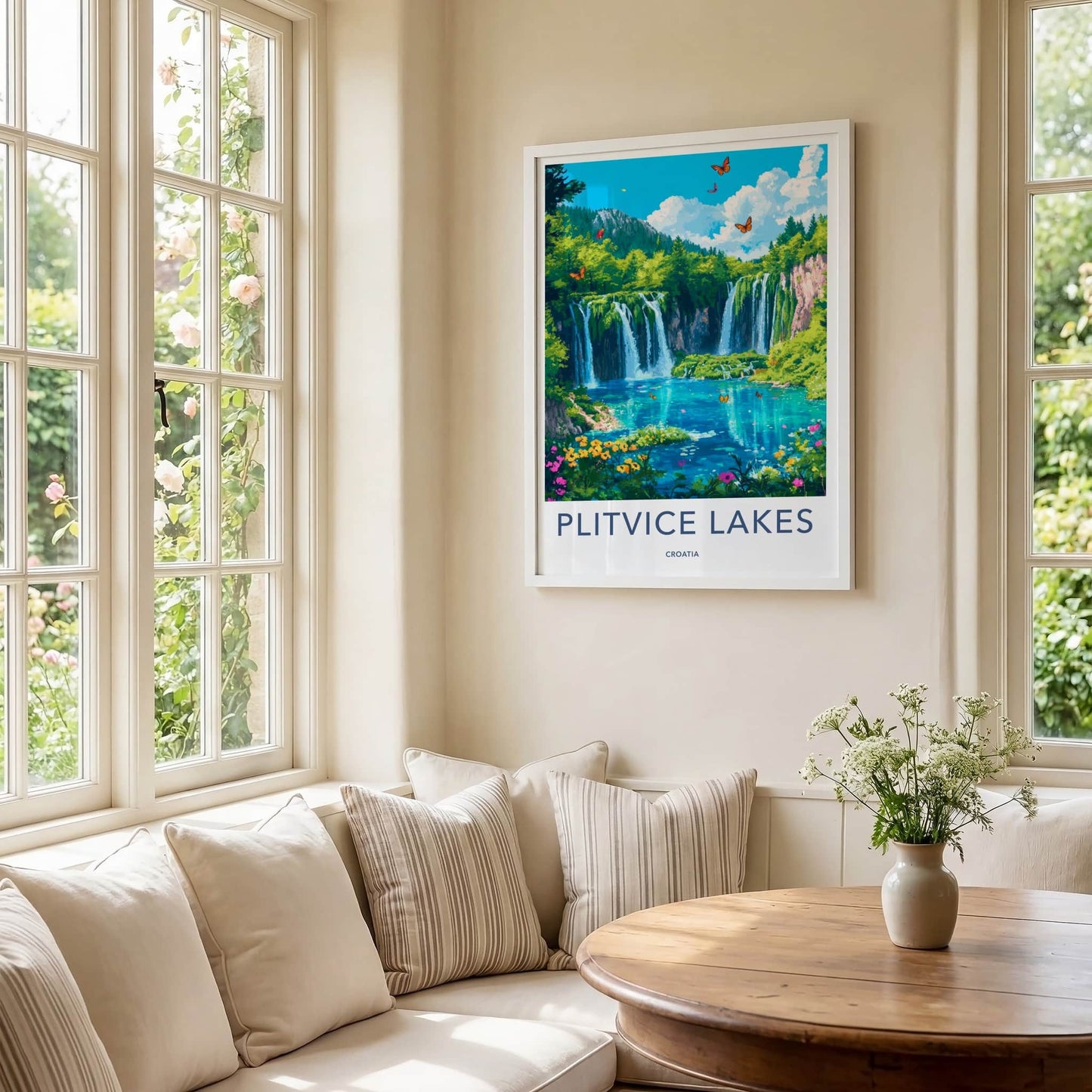 Plitvice Lakes Poster - Croatia Travel Art - Lush Waterfall Butterflies Home Decor