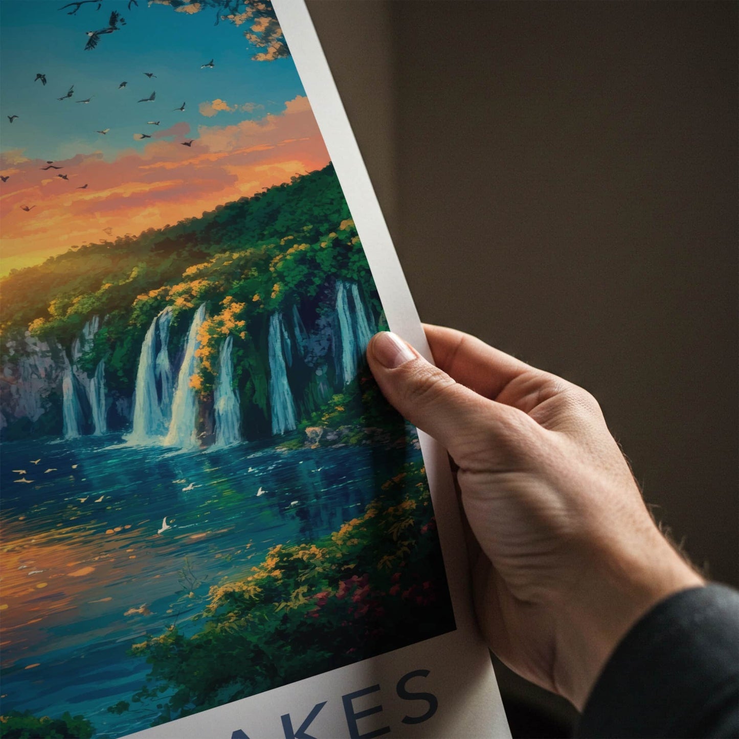 Plitvice Lakes Poster - Croatia Travel Art - Orange Sky Waterfalls Home Decor