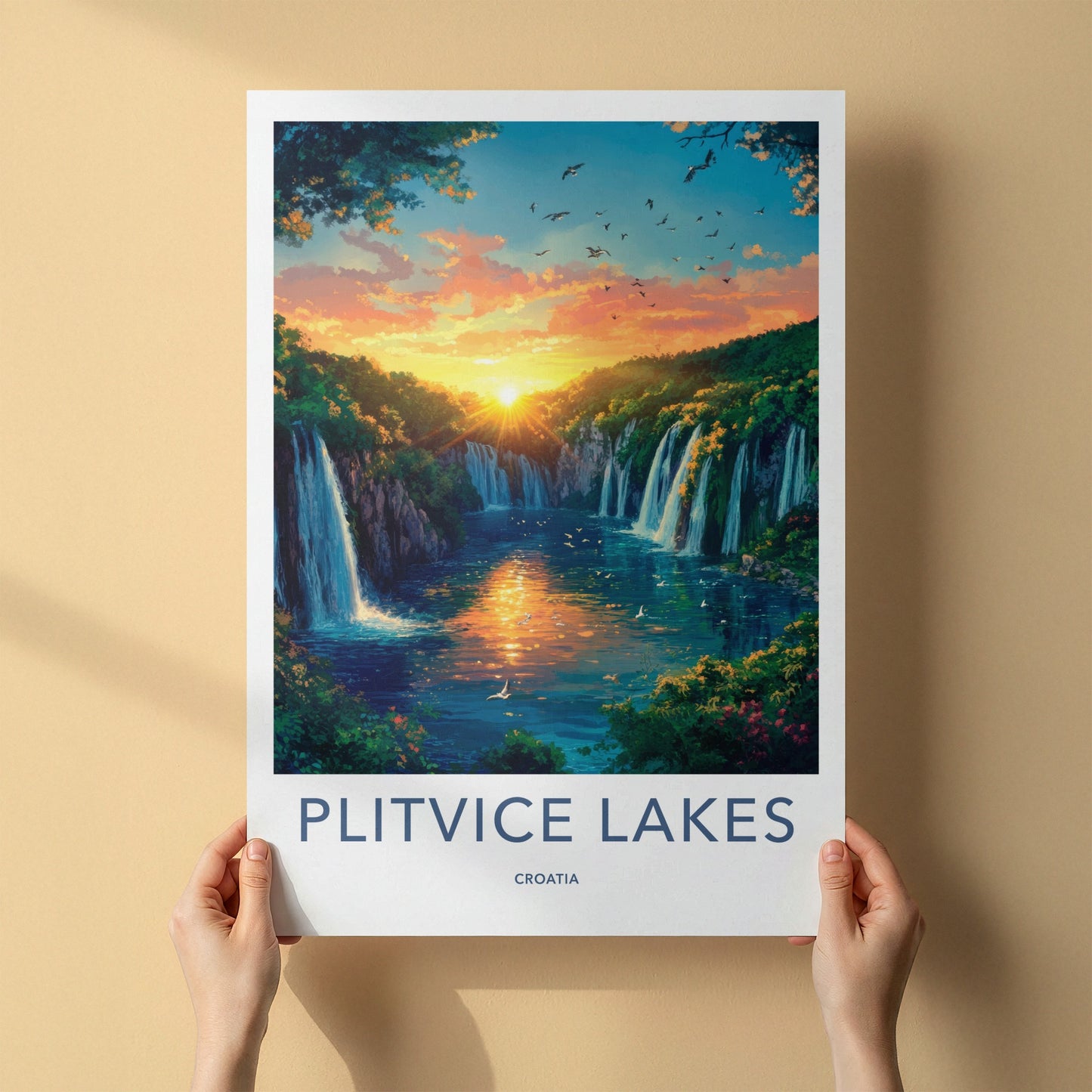 Plitvice Lakes Poster - Croatia Travel Art - Orange Sky Waterfalls Home Decor