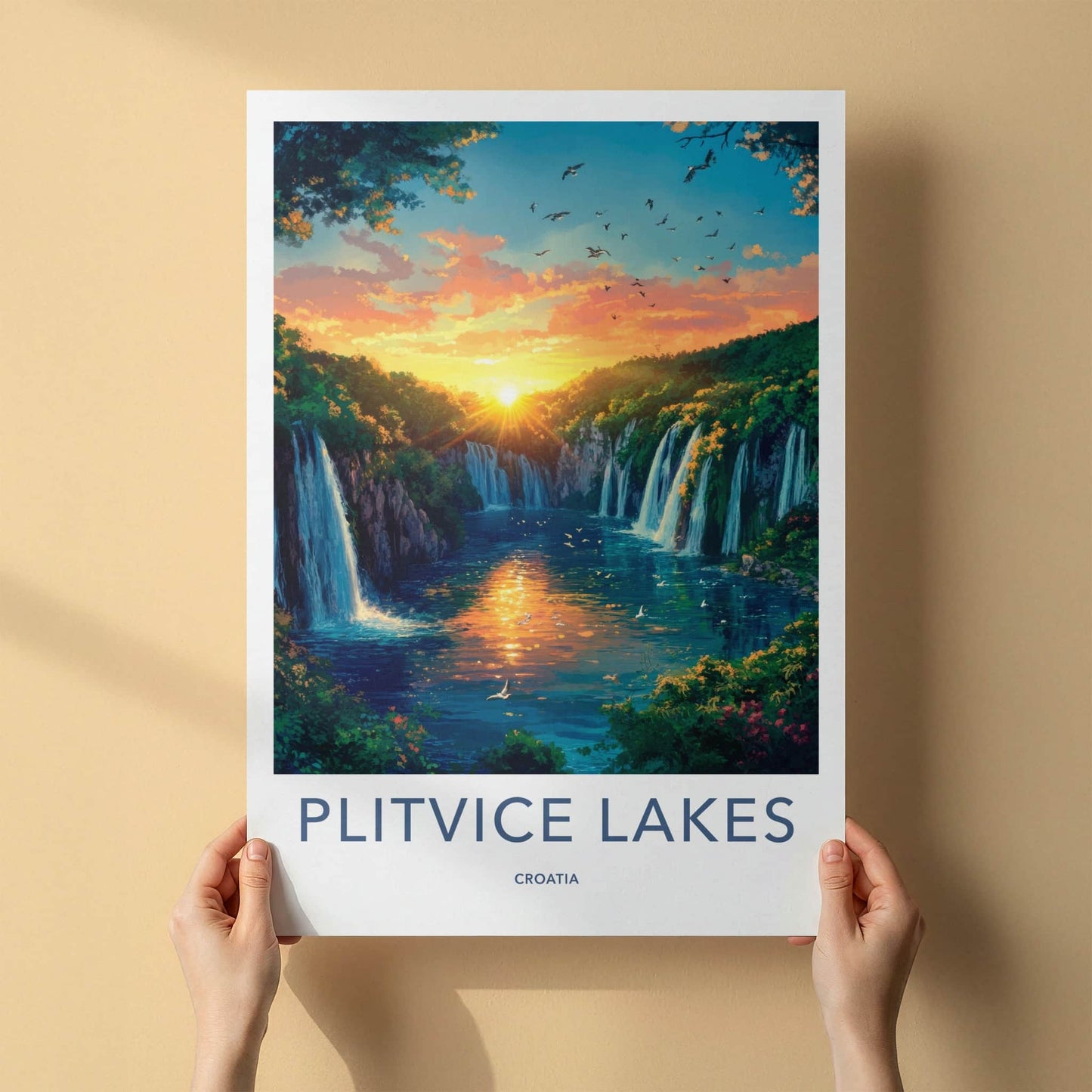 Plitvice Lakes Poster - Croatia Travel Art - Orange Sky Waterfalls Home Decor