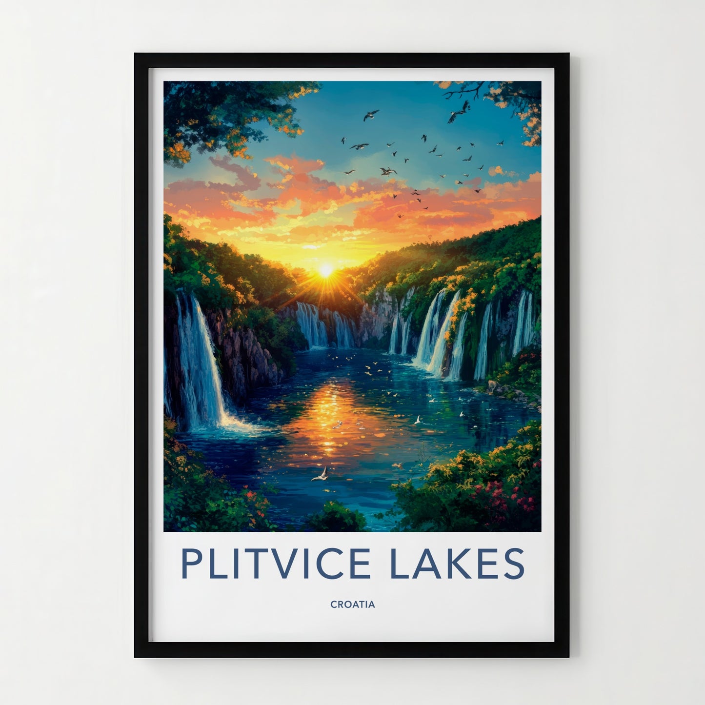 Plitvice Lakes Poster - Croatia Travel Art - Orange Sky Waterfalls Home Decor
