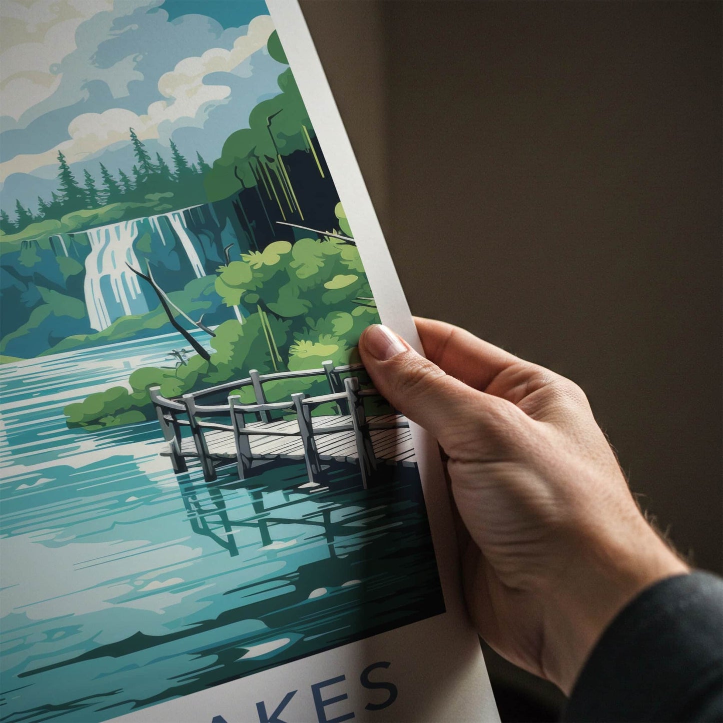 Plitvice Lakes Poster - Croatia Travel Art - Wooden bridge waterfalls Home Decor