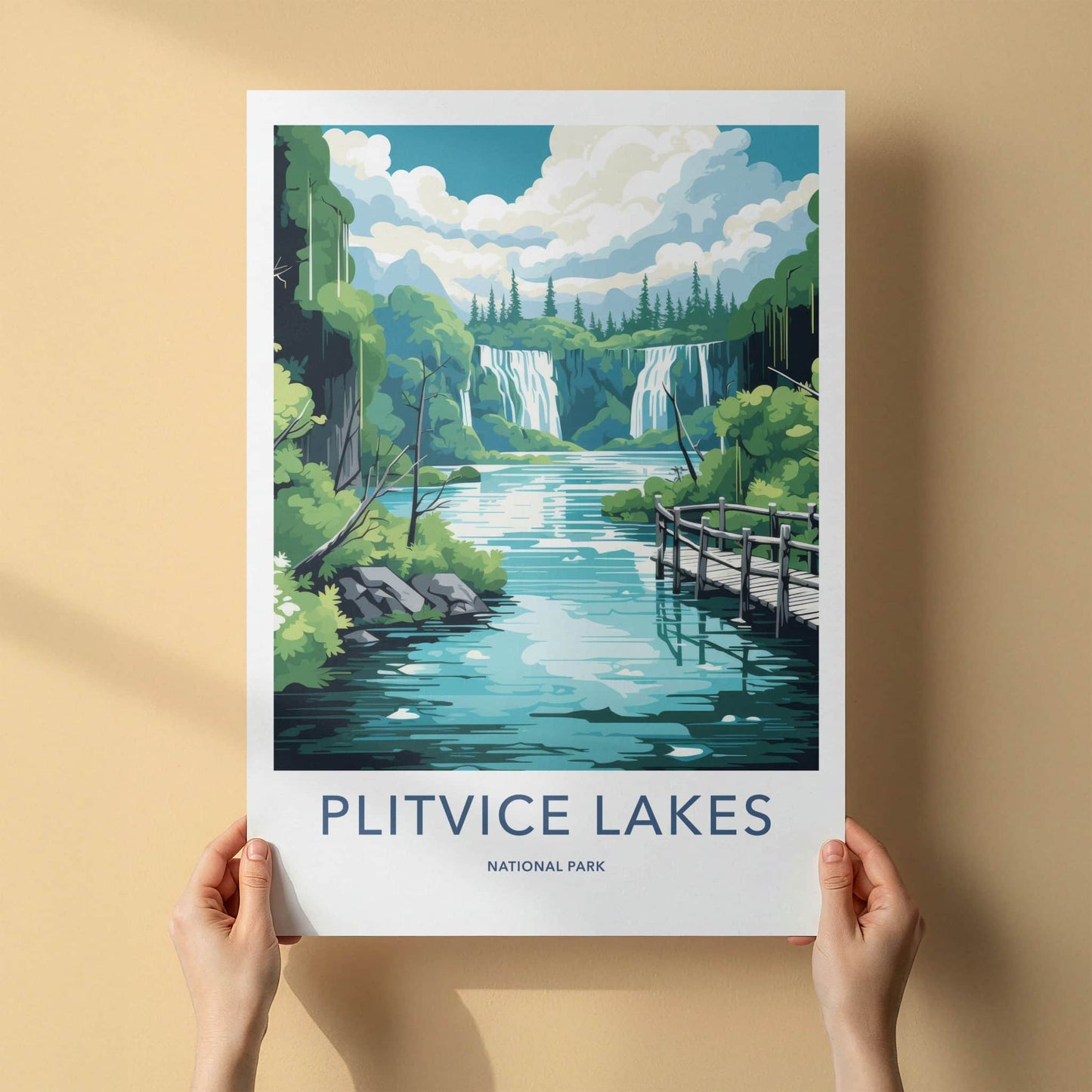 Plitvice Lakes Poster - Croatia Travel Art - Wooden bridge waterfalls Home Decor