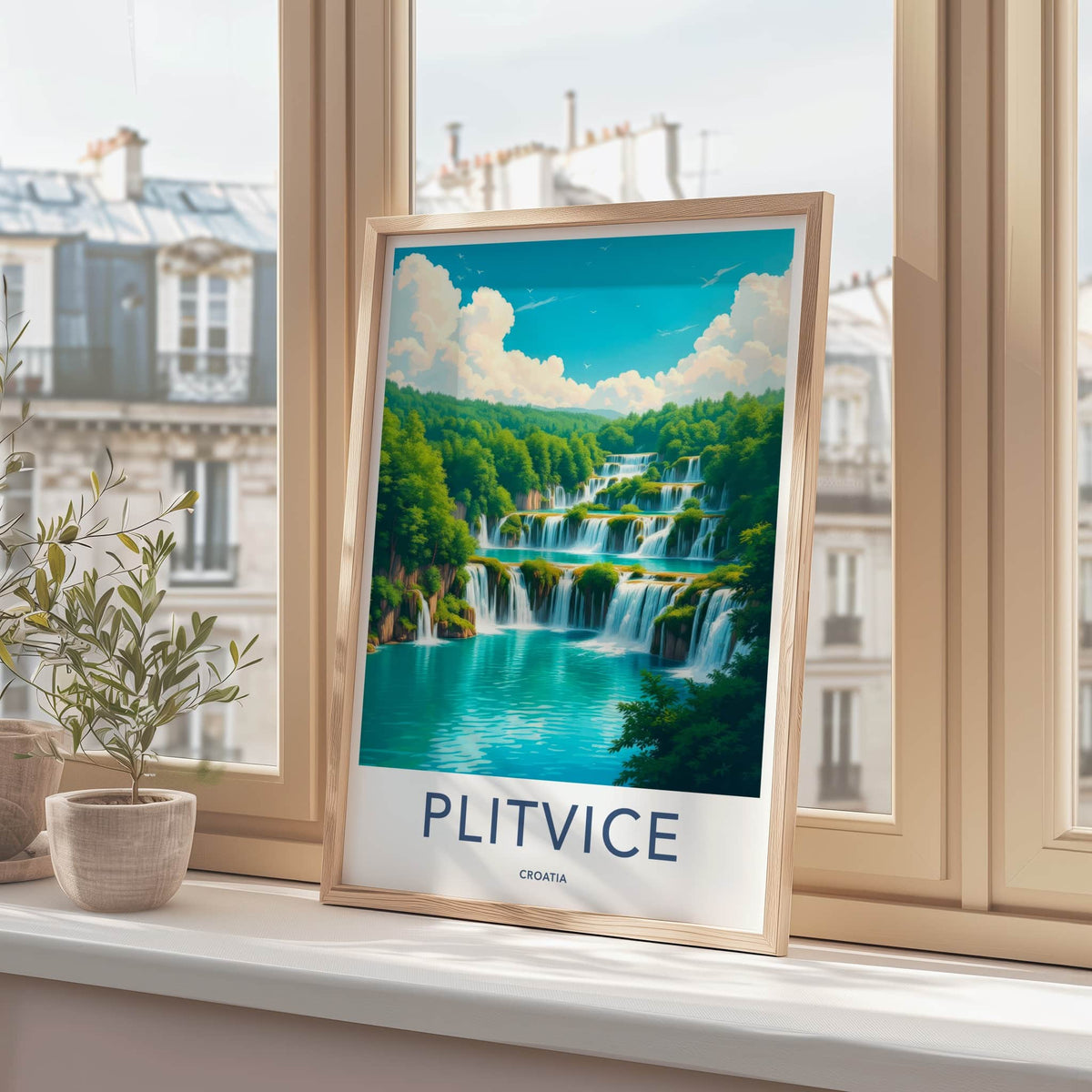 Plitvice Poster - Croatia Travel Art - Tiered Blue Waterfalls Home Decor