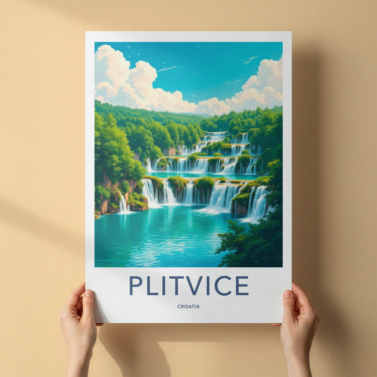 Plitvice Poster - Croatia Travel Art - Tiered Blue Waterfalls Home Decor