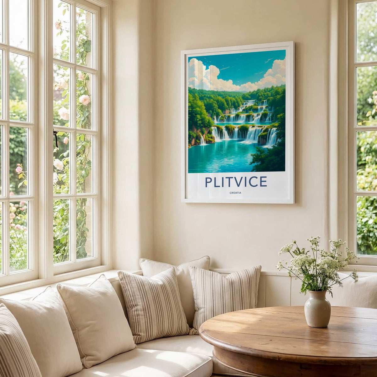 Plitvice Poster - Croatia Travel Art - Tiered Blue Waterfalls Home Decor