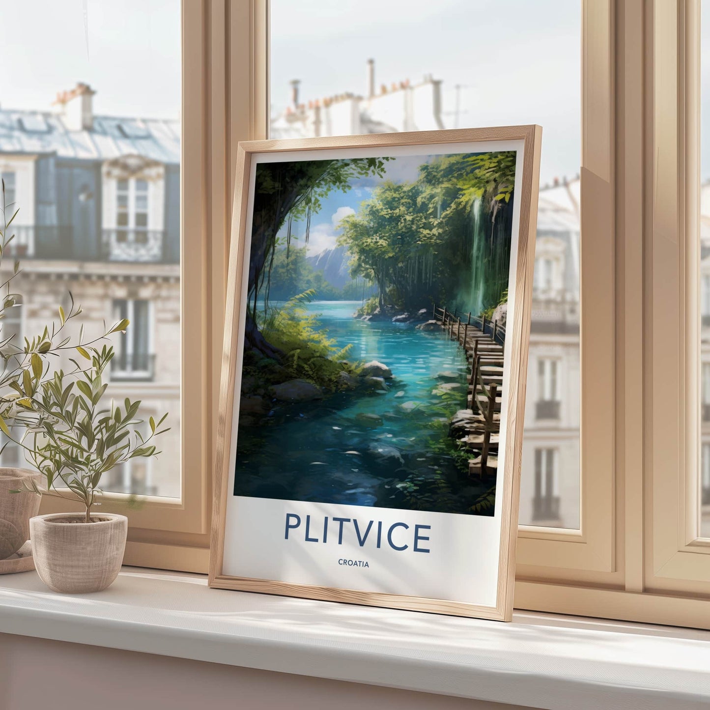Plitvice Poster - Croatia Travel Art - Wooden Path Waterfall Home Decor