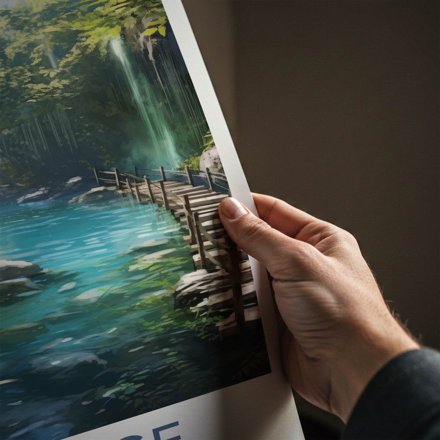Plitvice Poster - Croatia Travel Art - Wooden Path Waterfall Home Decor