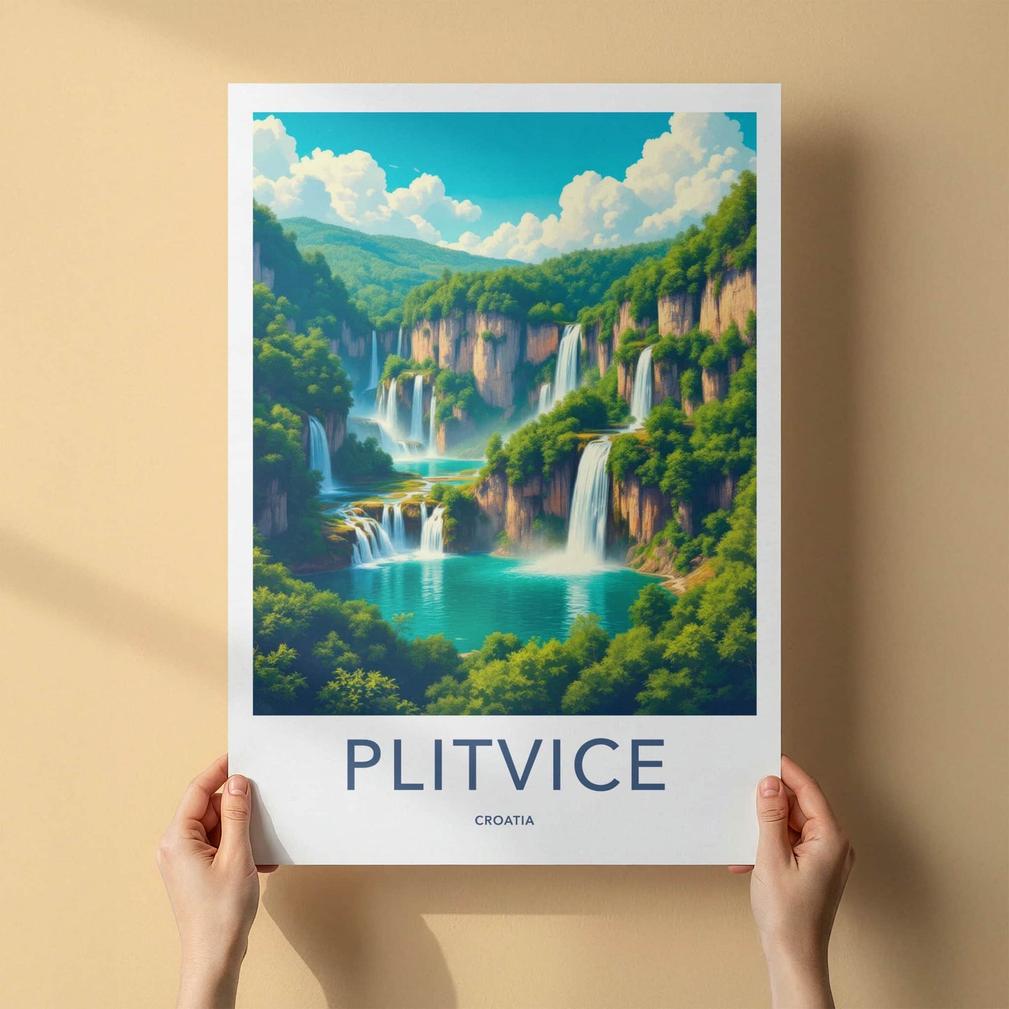 Plitvice Poster - Croatia Travel Print - Cascading Green Waterfalls Home Decor