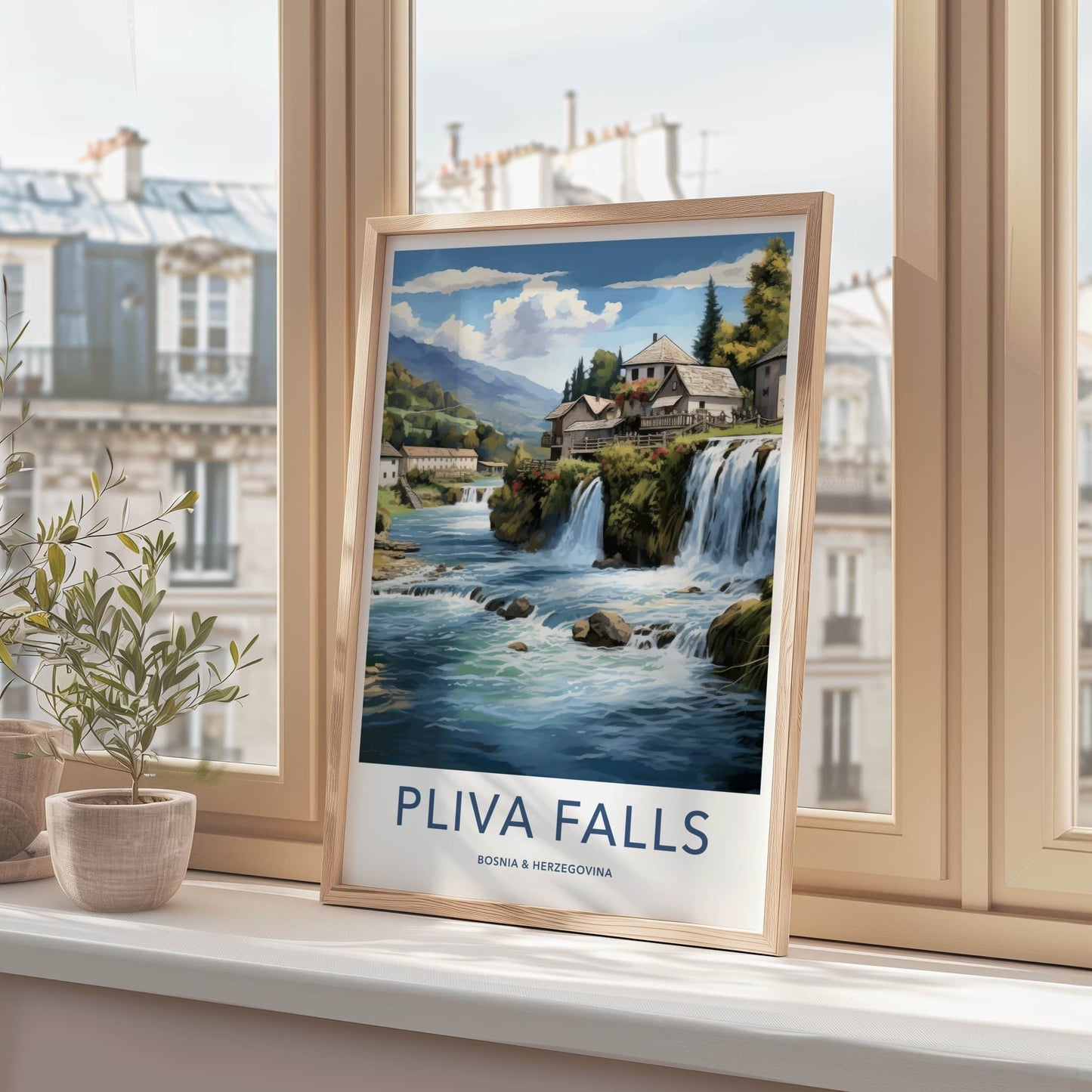Pliva Falls Poster - Bosnia Herzegovina Wall Art - Riverside houses falls Home Decor