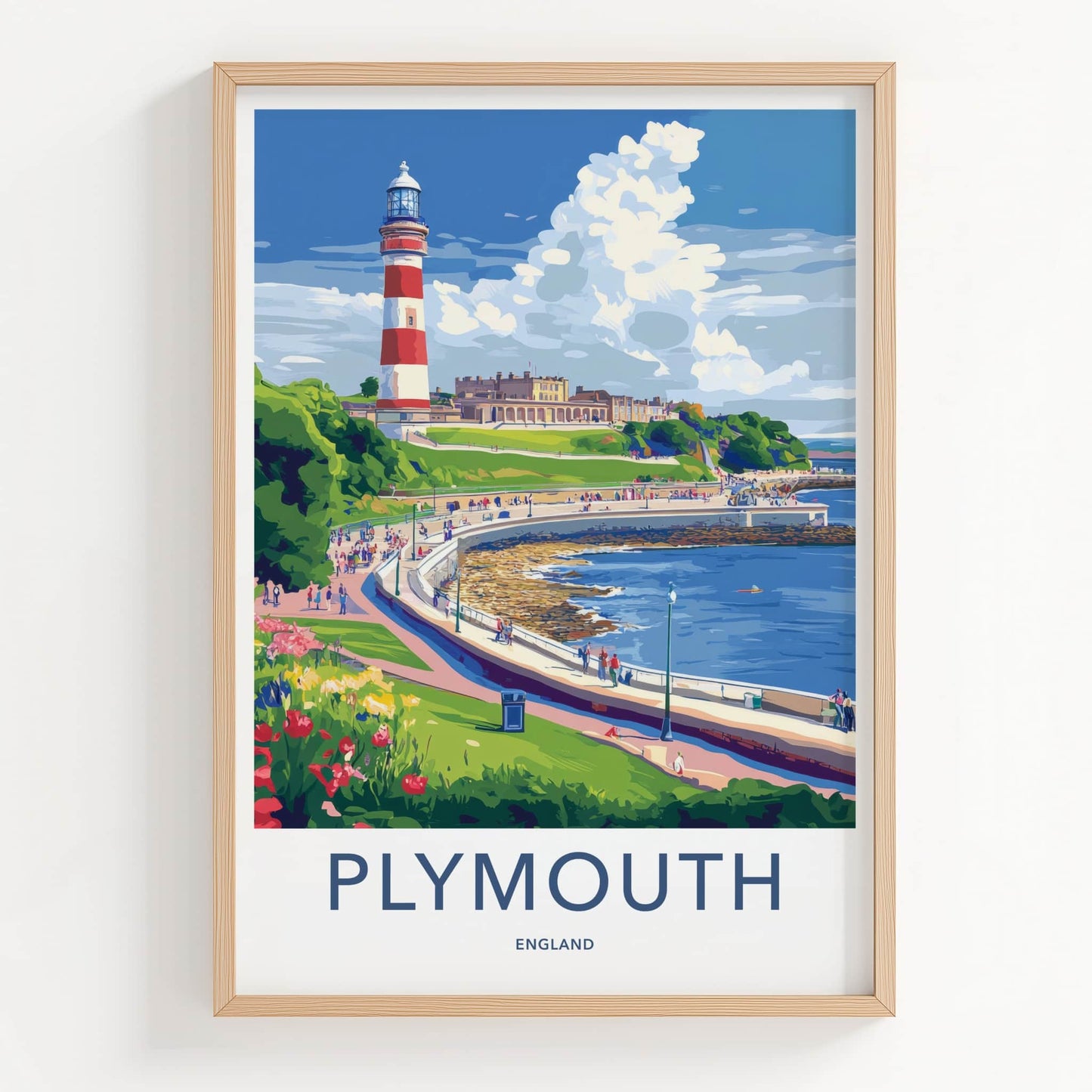 Plymouth Poster - England Travel Art - Historic Coastal Lighthouse Home Decor