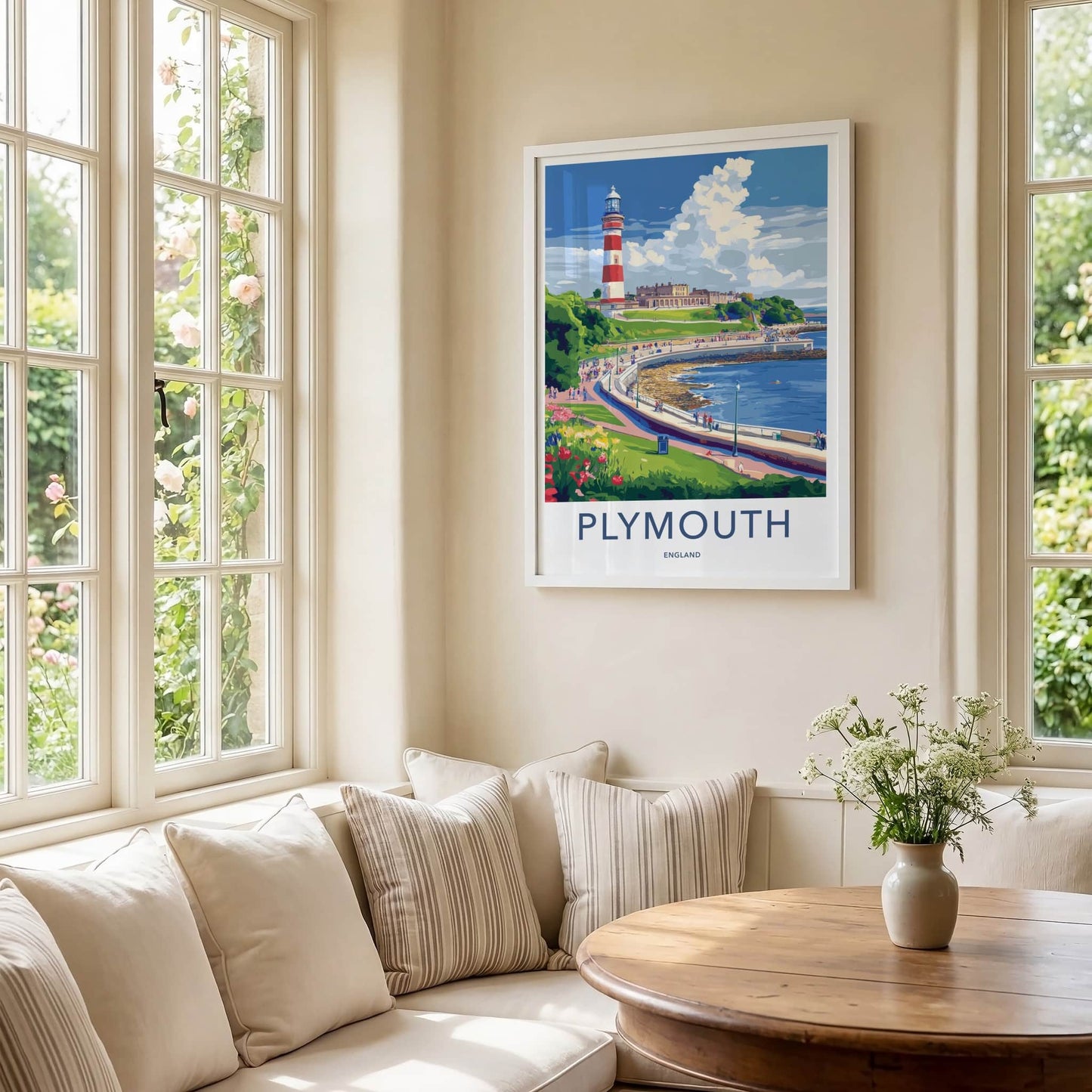 Plymouth Poster - England Travel Art - Historic Coastal Lighthouse Home Decor