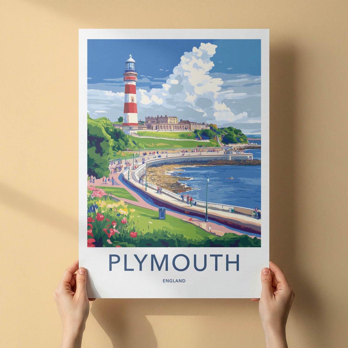 Plymouth Poster - England Travel Art - Historic Coastal Lighthouse Home Decor