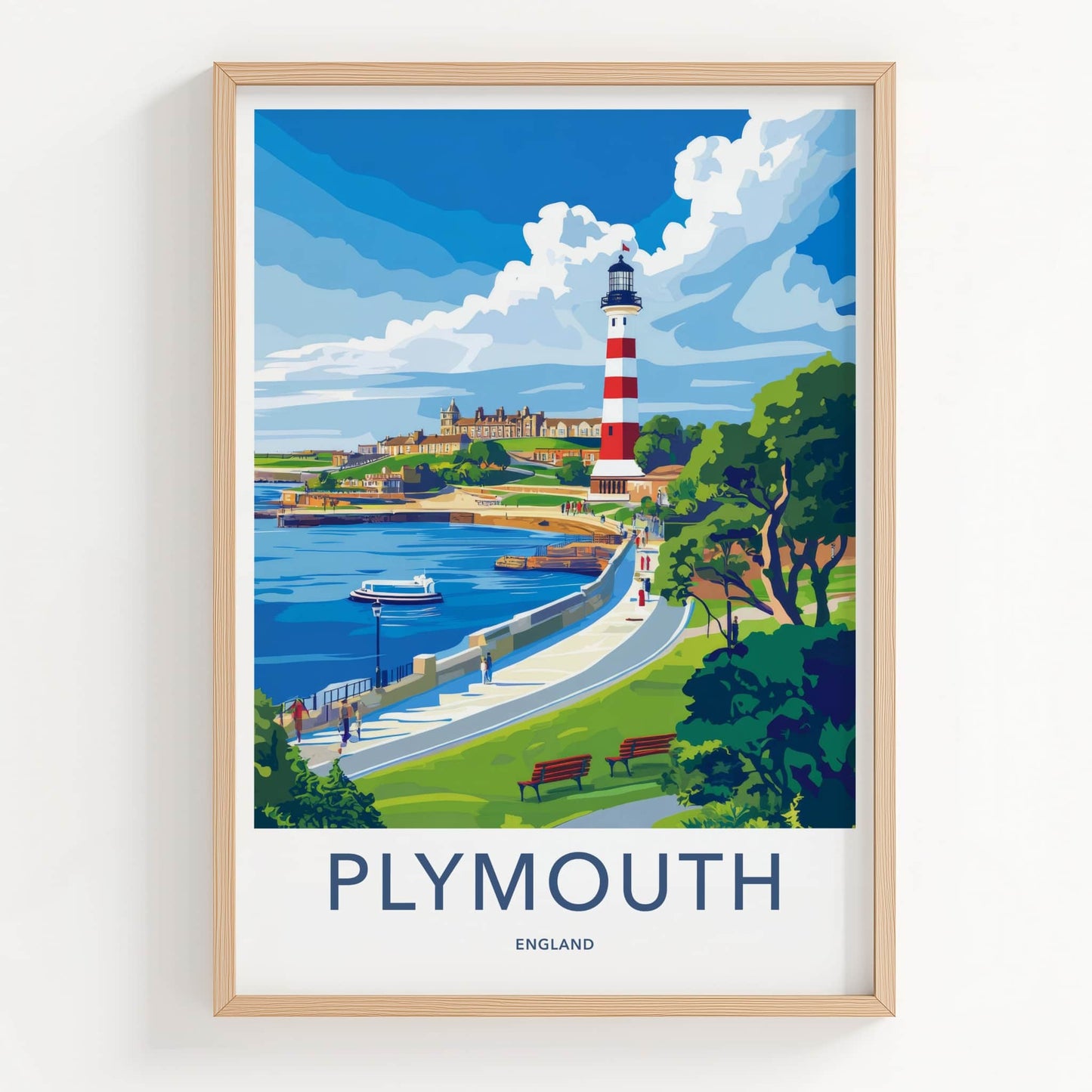 Plymouth Poster - England Travel Art - Red Striped Lighthouse Wall Decor