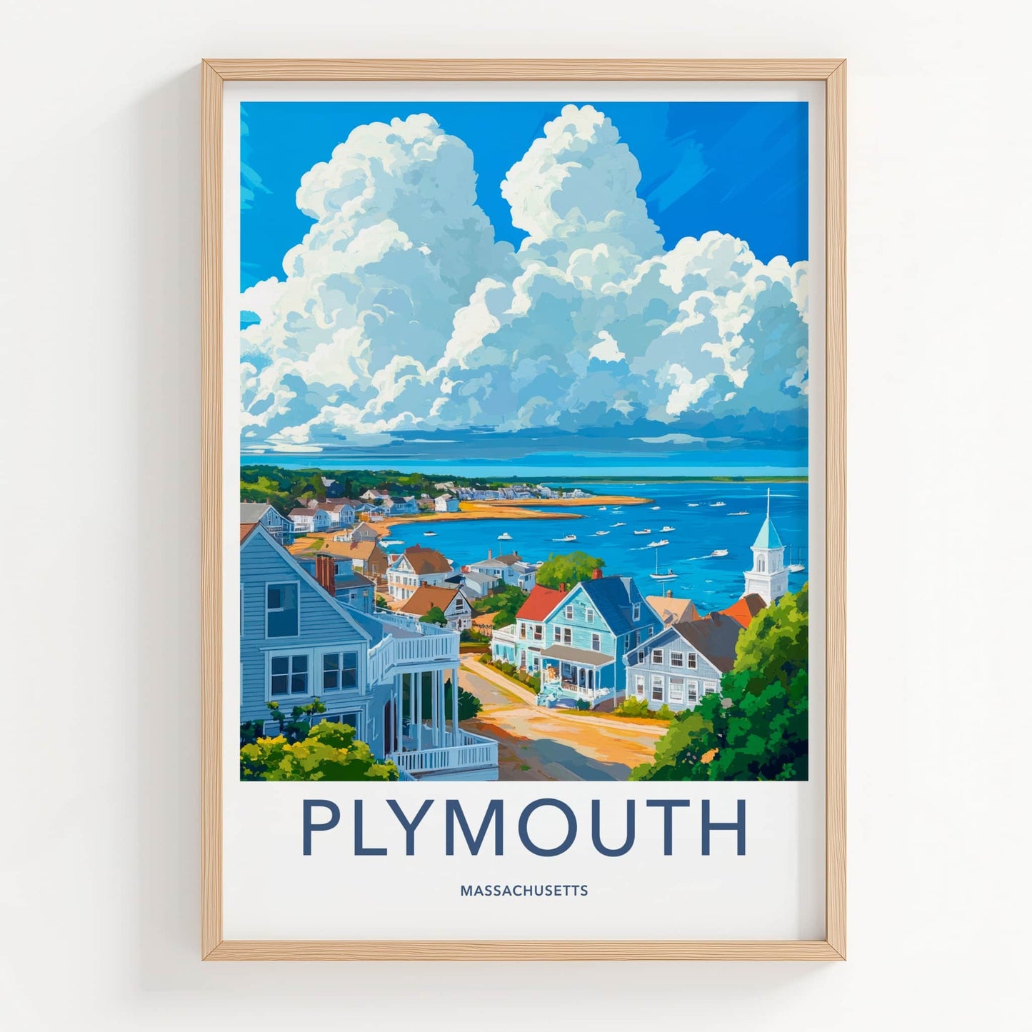 Plymouth Poster - Massachusetts Travel Art - Coastal Townscape Bay Home Decor