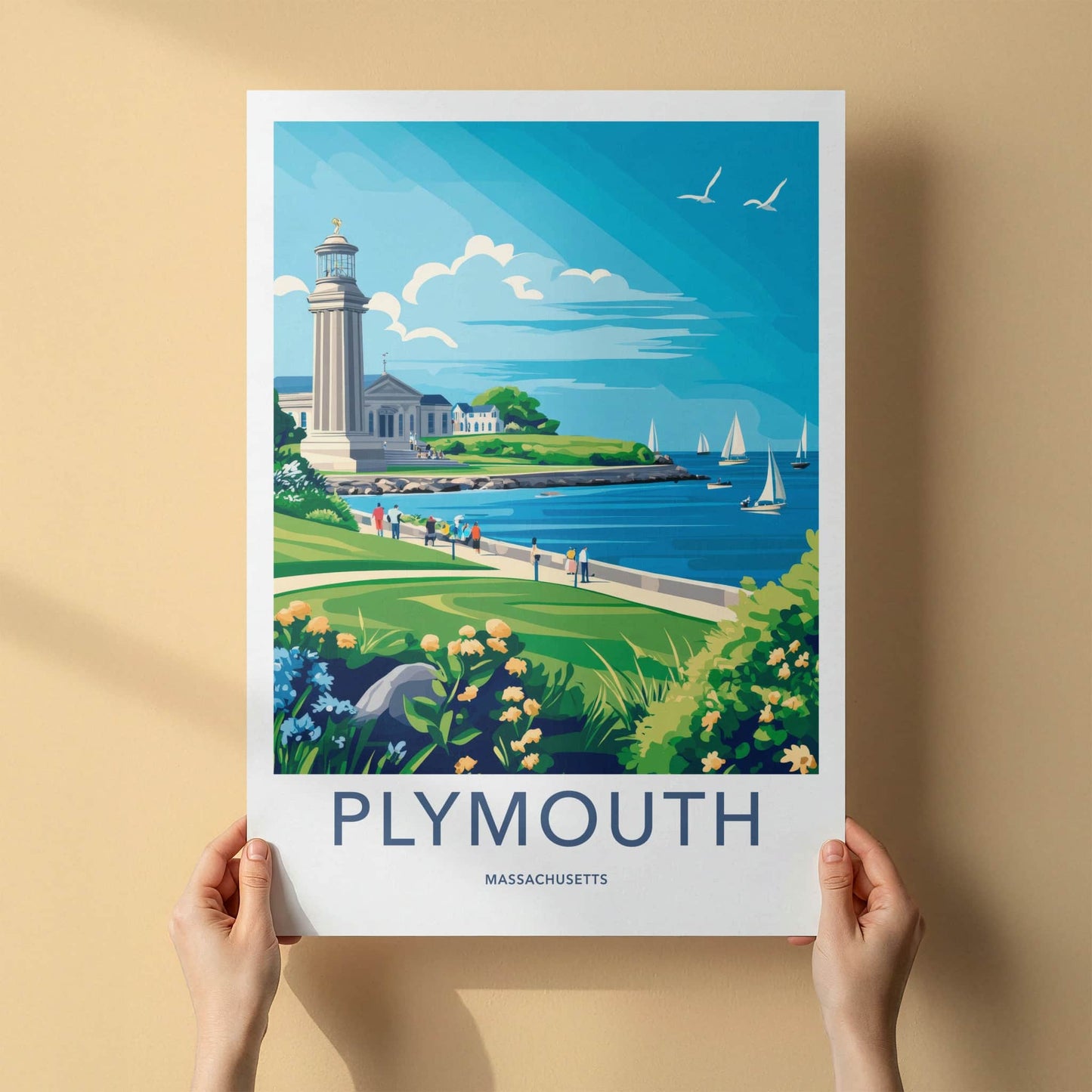 Plymouth Poster - Massachusetts Travel Art - Lighthouse Bay Scene Home Decor