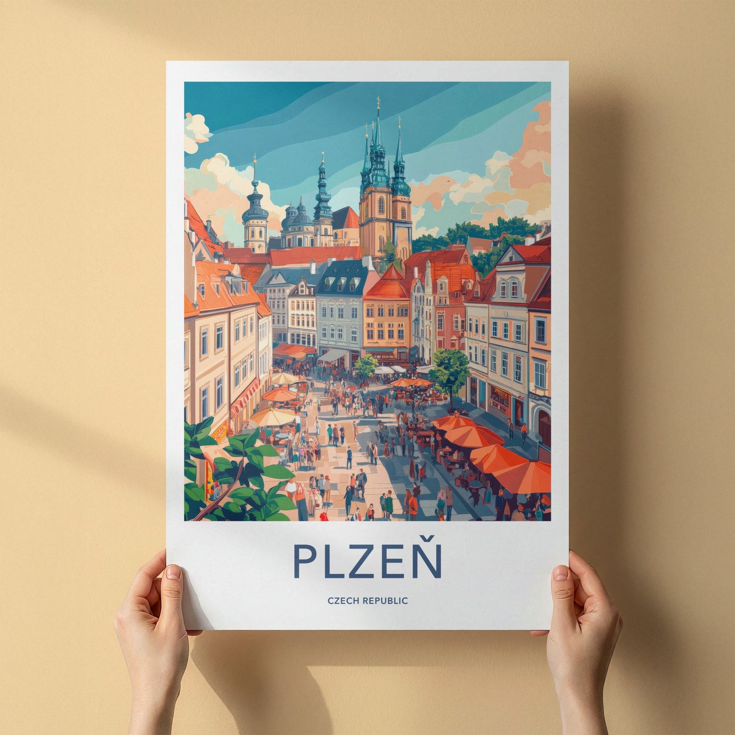 Plzen Poster - Czech Republic Travel Art - Busy City Street Home Decor