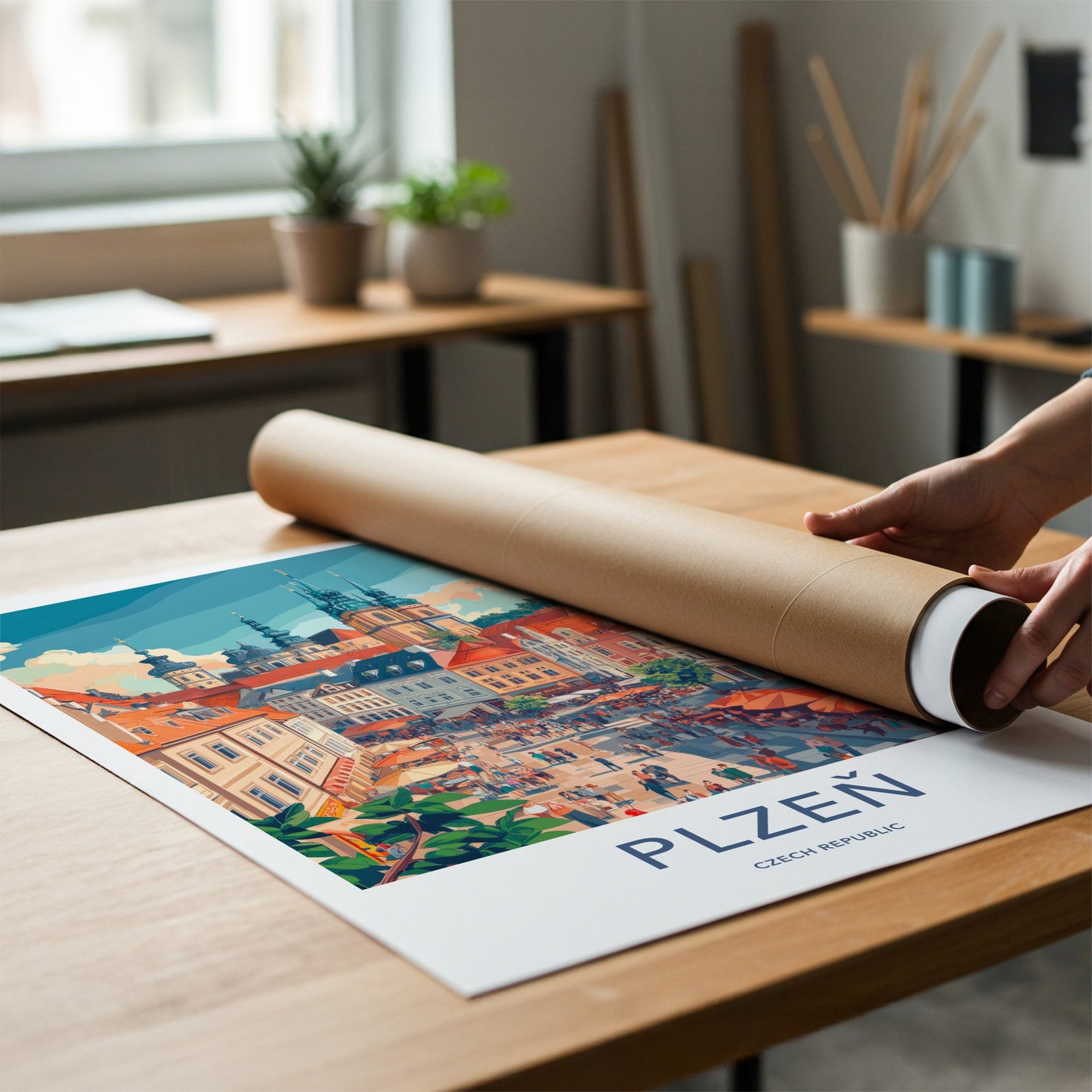 Plzen Poster - Czech Republic Travel Art - Busy City Street Home Decor