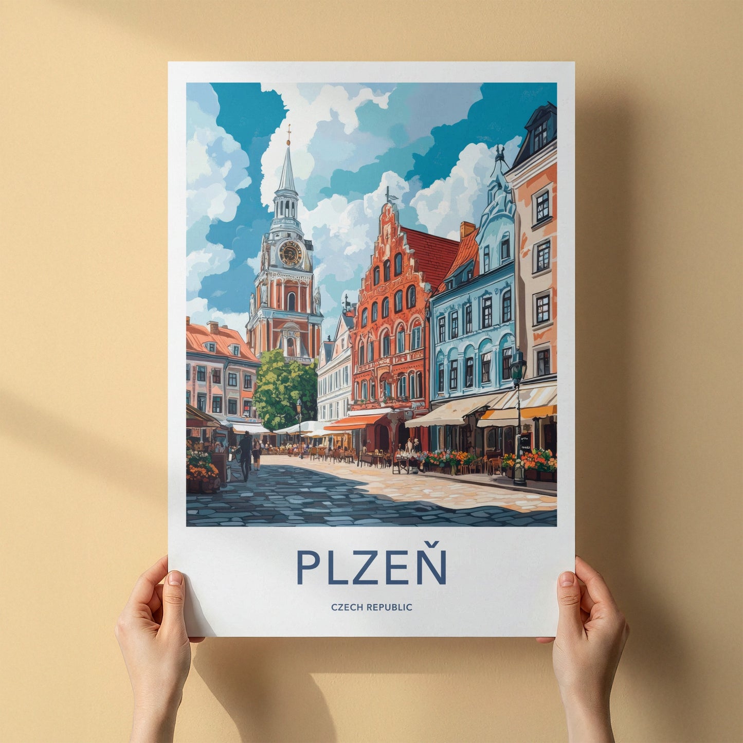 Plzen Poster - Czech Republic Travel Art - Clock Tower Street Home Decor