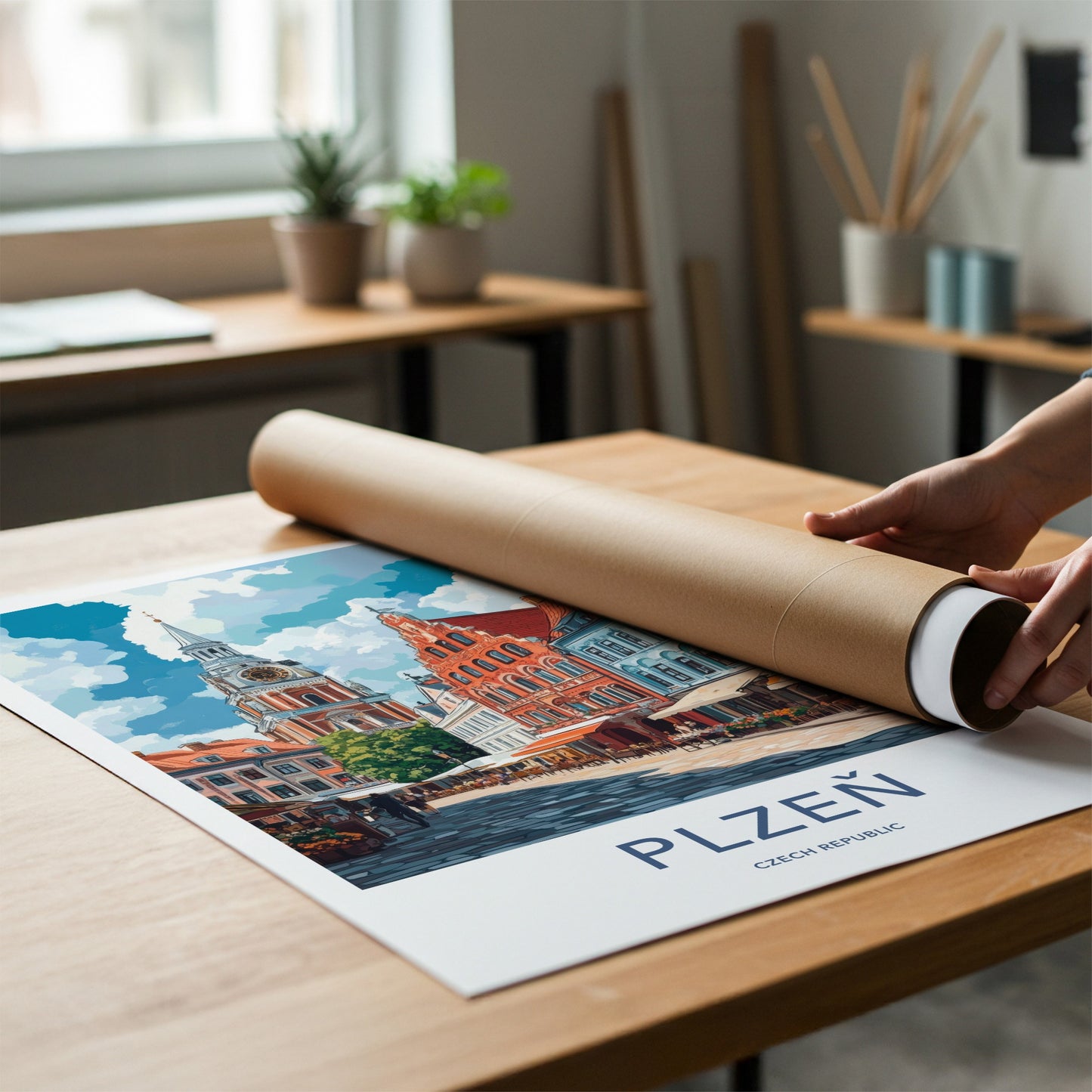 Plzen Poster - Czech Republic Travel Art - Clock Tower Street Home Decor