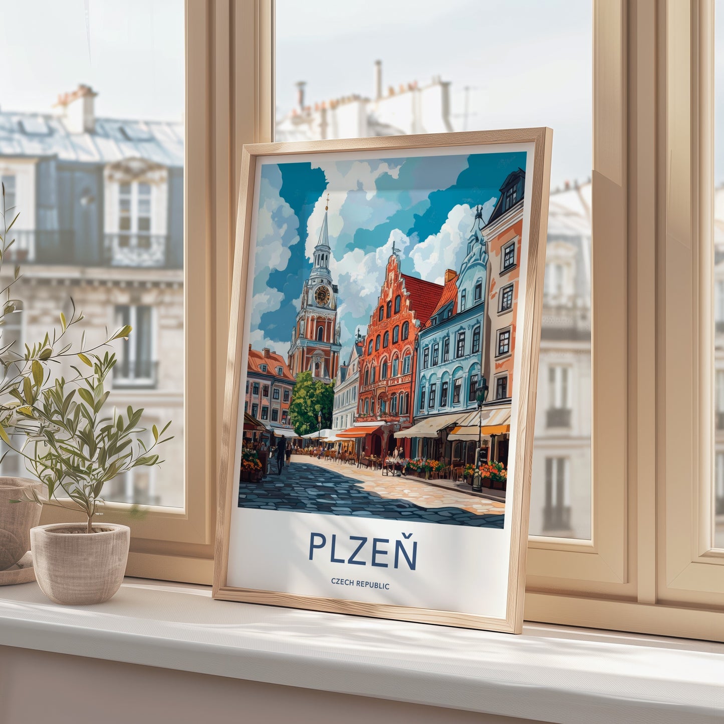 Plzen Poster - Czech Republic Travel Art - Clock Tower Street Home Decor
