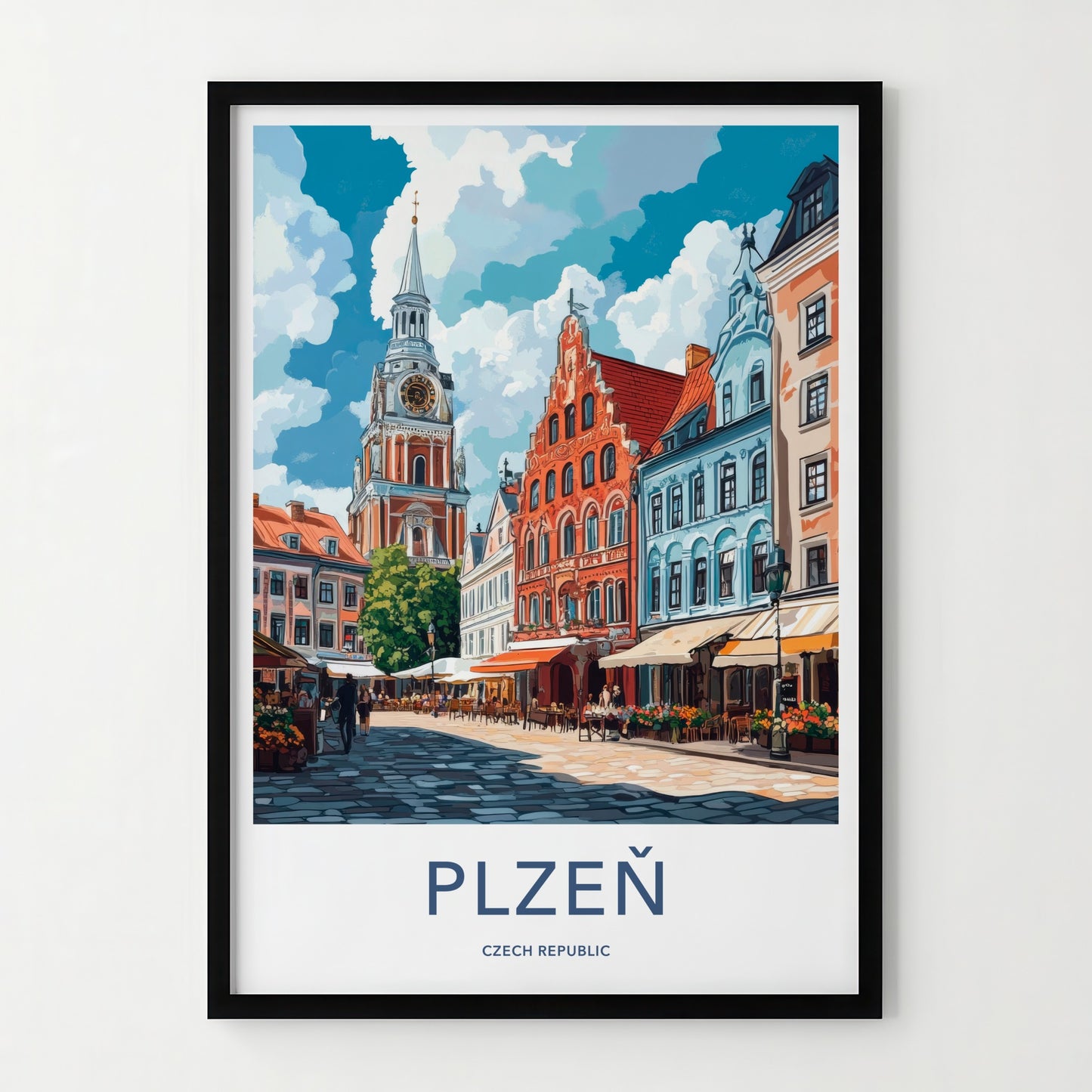 Plzen Poster - Czech Republic Travel Art - Clock Tower Street Home Decor