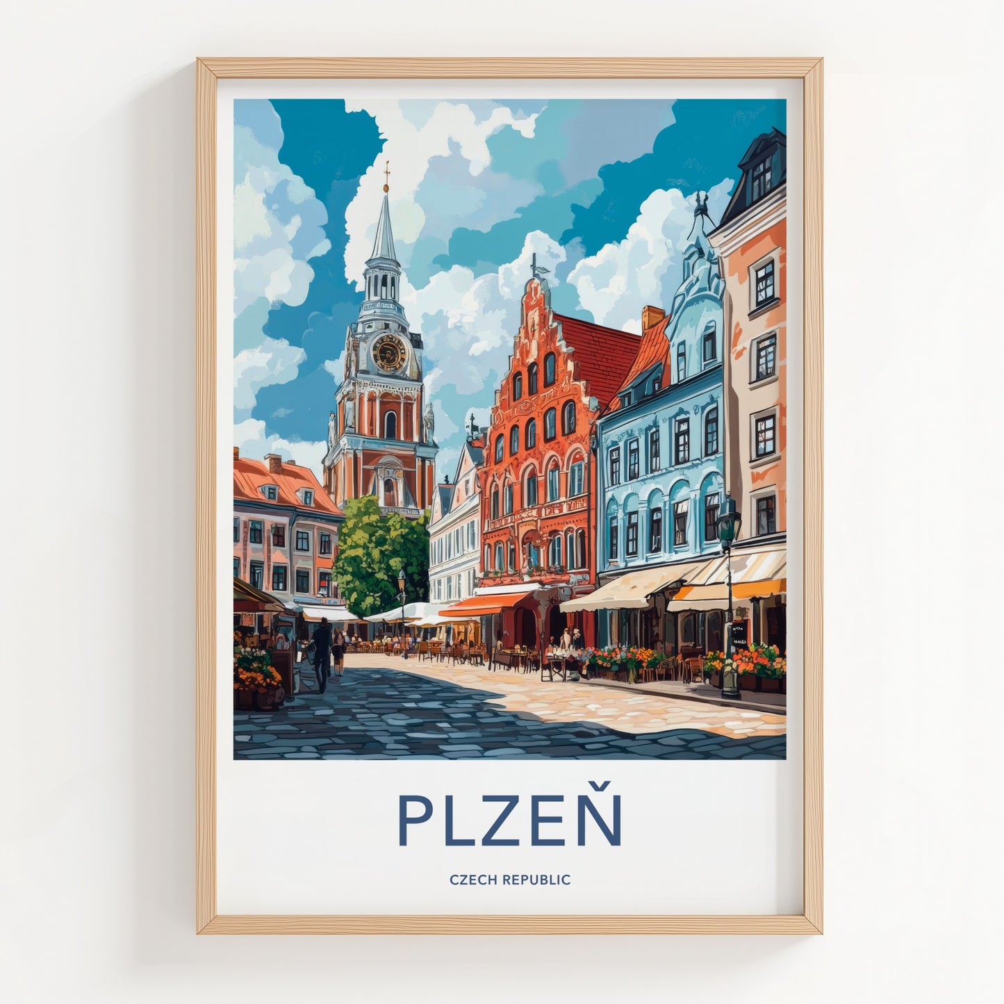 Plzen Poster - Czech Republic Travel Art - Clock Tower Street Home Decor