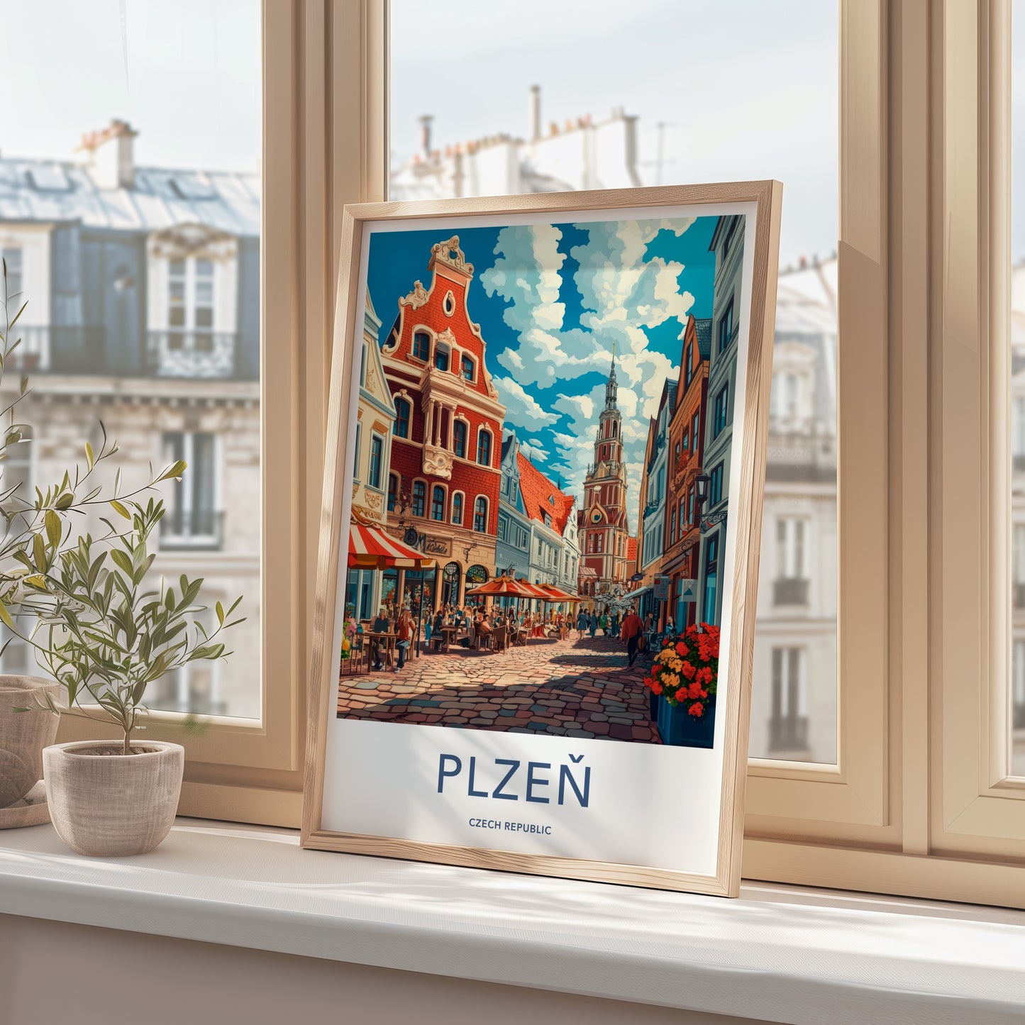 Plzen Poster - Czech Republic Travel Art - Lively City Square Home Decor