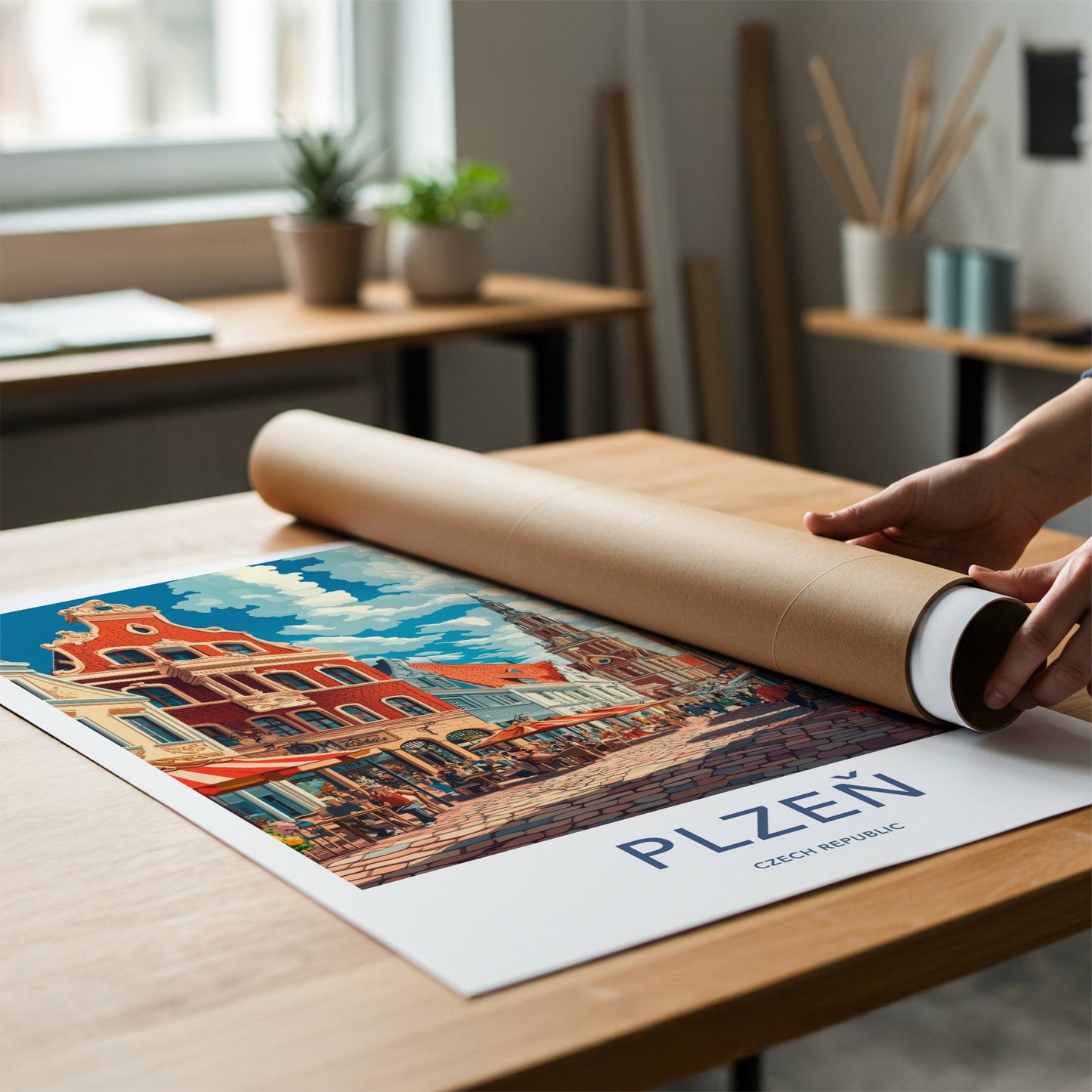 Plzen Poster - Czech Republic Travel Art - Lively City Square Home Decor