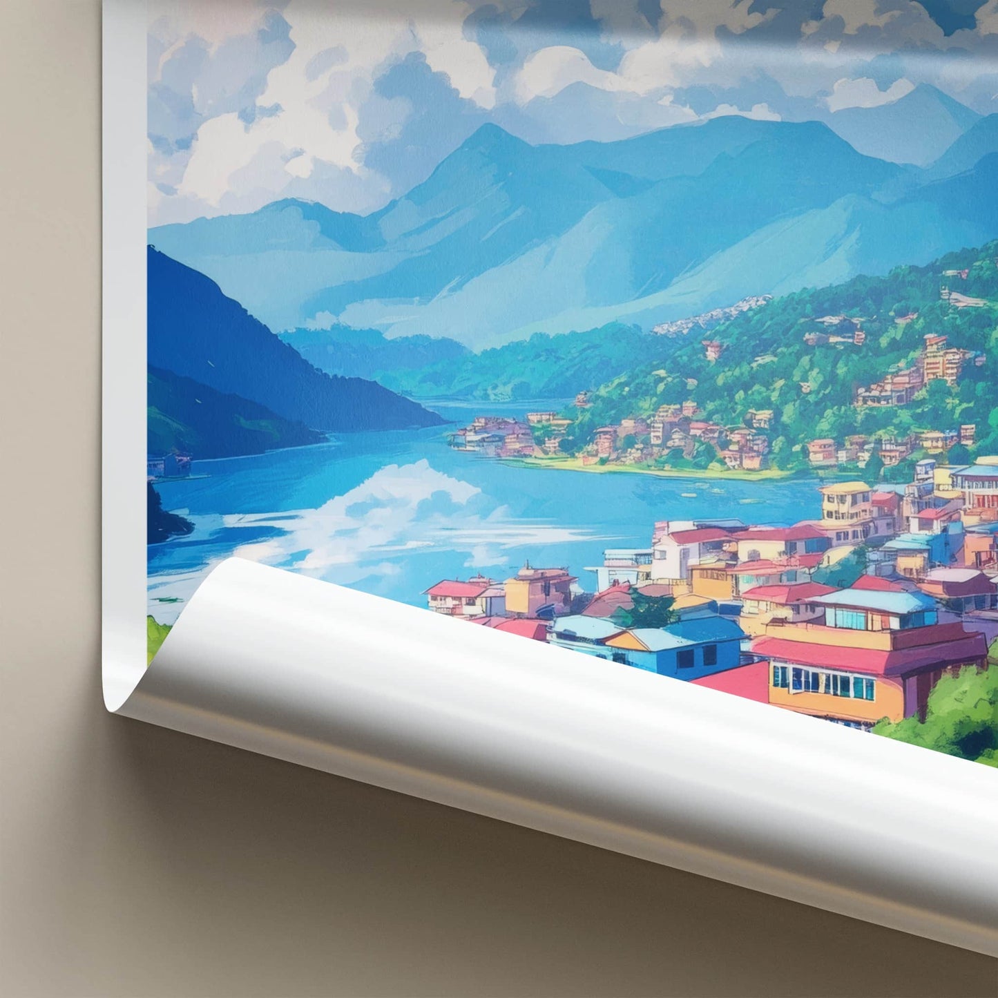 Pokhara Poster - Nepal Travel Art - Mountain Lake Village Home Decor