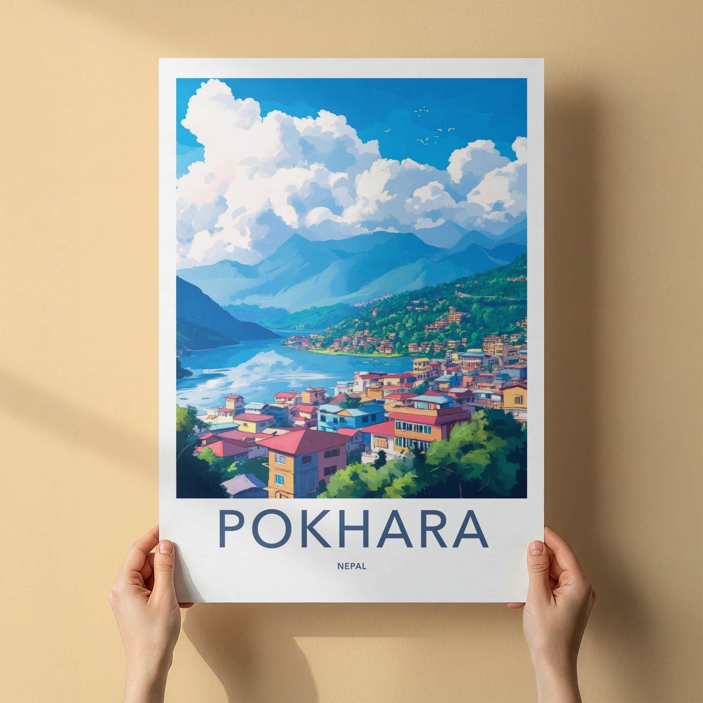 Pokhara Poster - Nepal Travel Art - Mountain Lake Village Home Decor