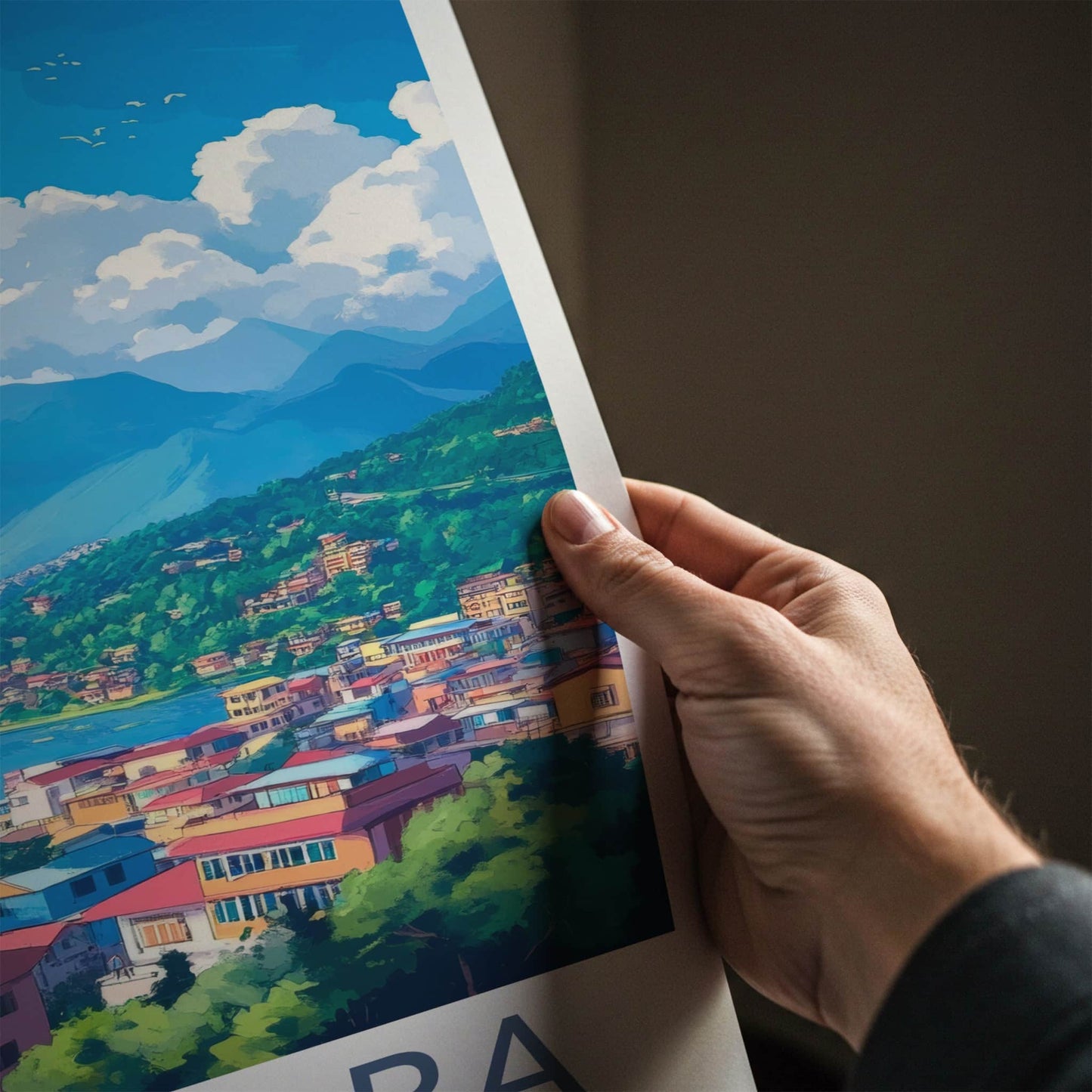 Pokhara Poster - Nepal Travel Art - Mountain Lake Village Home Decor