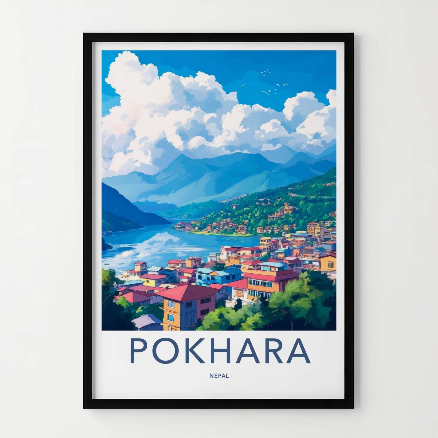 Pokhara Poster - Nepal Travel Art - Mountain Lake Village Home Decor